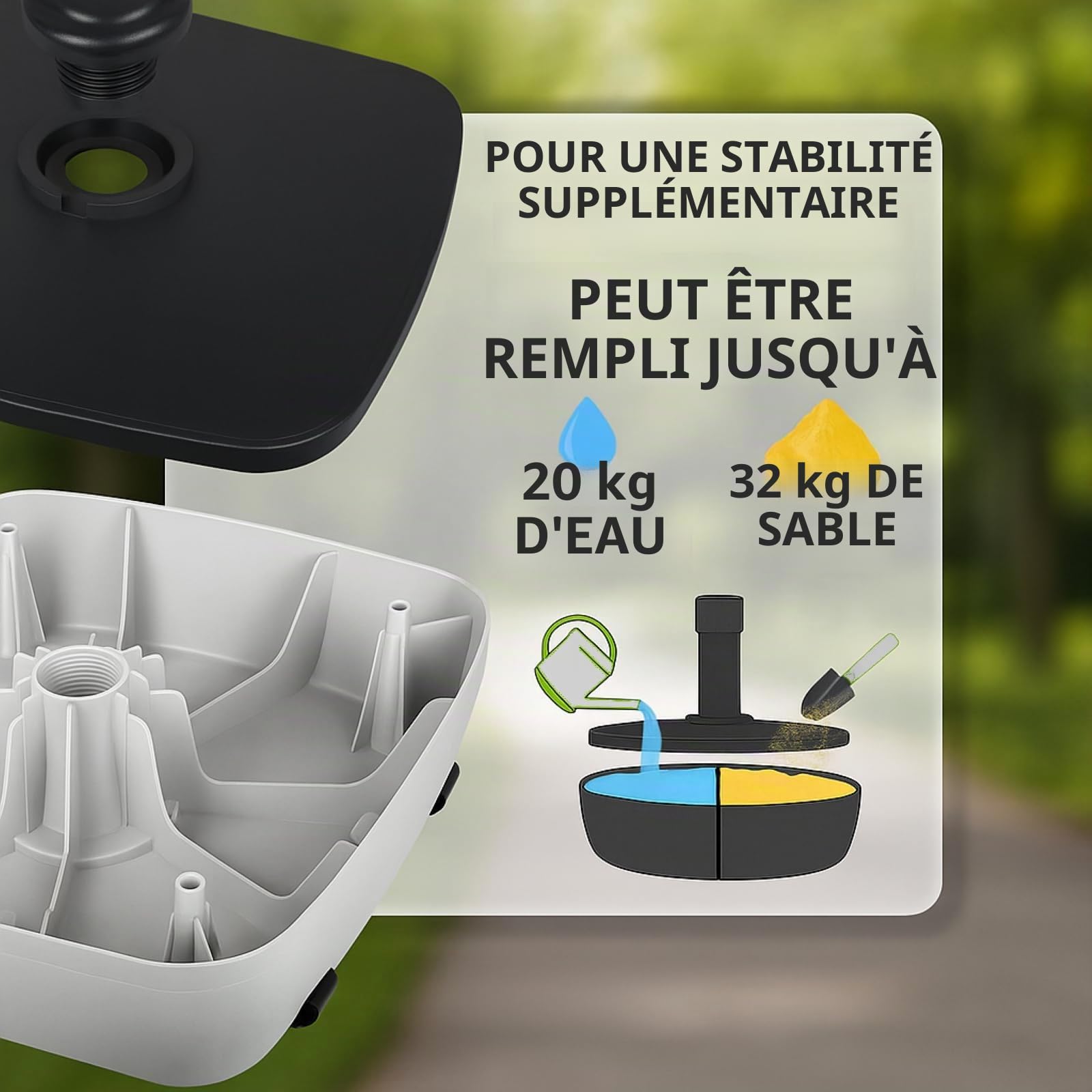 BURI Pied de parasol à roulettes pour parasol de 3,5 à 5 cm - Pied de parasol de qualité supérieure à remplir jusqu'à 32 kg - Gris