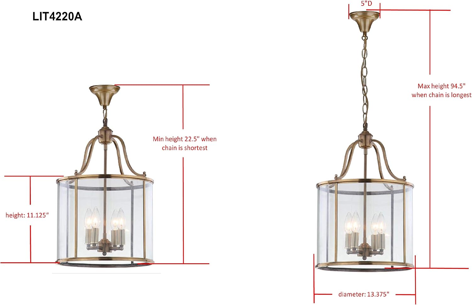 SAFAVIEH Lighting Collection Sutton Place Farmhouse Brass 13-inch Diameter 4-light Adjustable Hanging Pendant Light Fixture (LED Bulbs Included)