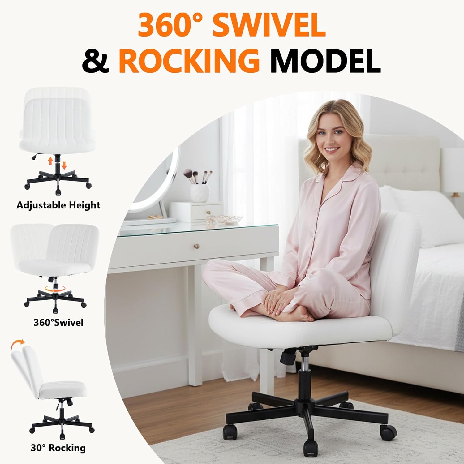 White Velvet Criss Cross Chair & Vanity Chairs with Wheels- 360 Swivel Armless Desk Chair & Comfy Office Chairs with Adjustable Height|Tilt Function for Home Office|Vanity|Bedroom (White)