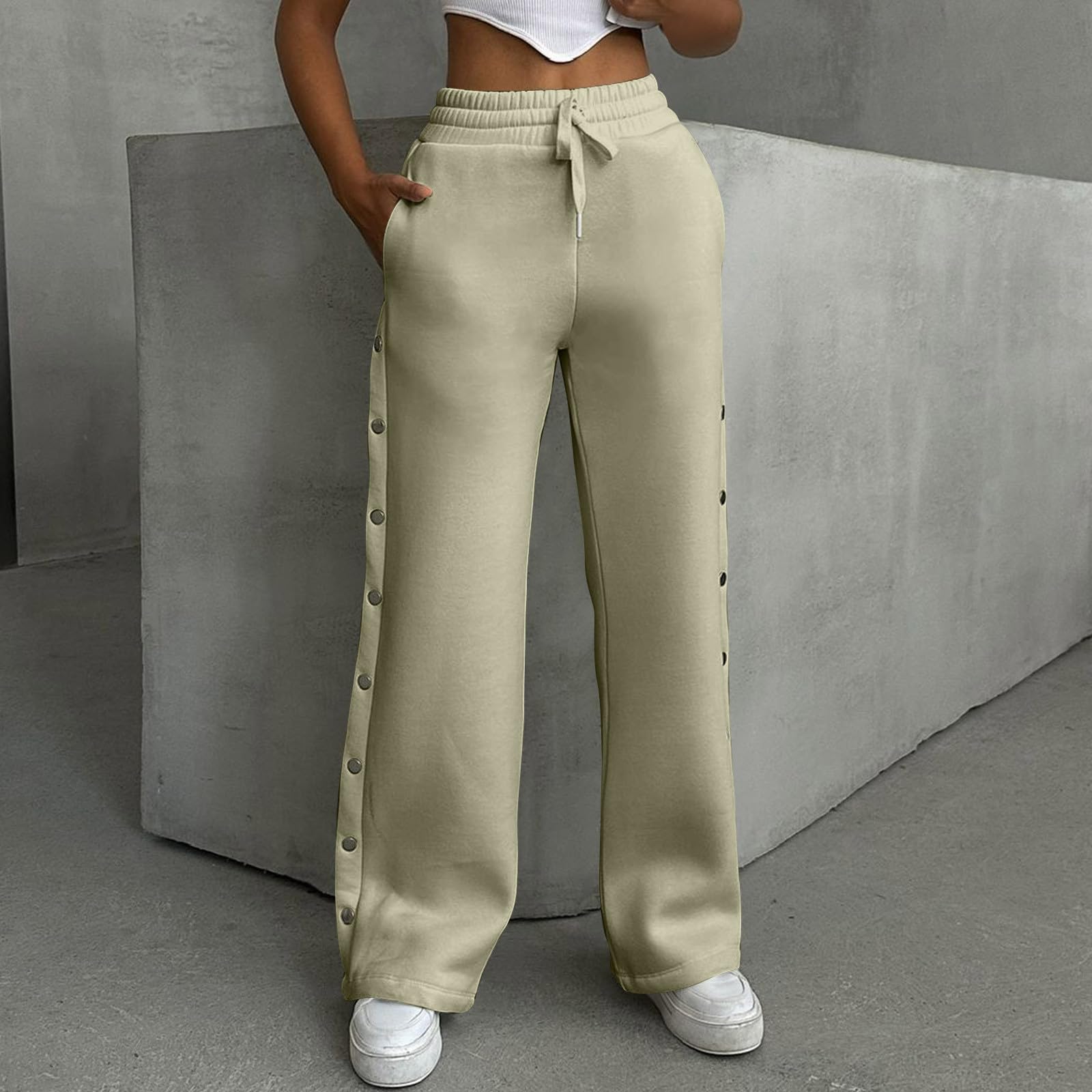 FUPODD Jogginghose Damen Baggy Sporthose Frauen Lang Breites Bein Sweatpants Lockere Gerades Bein Freizeithose Mit Knöpfen An Der Seite Trainingshose Fitness Laufhosen Kordelzug Hose Mit Taschen