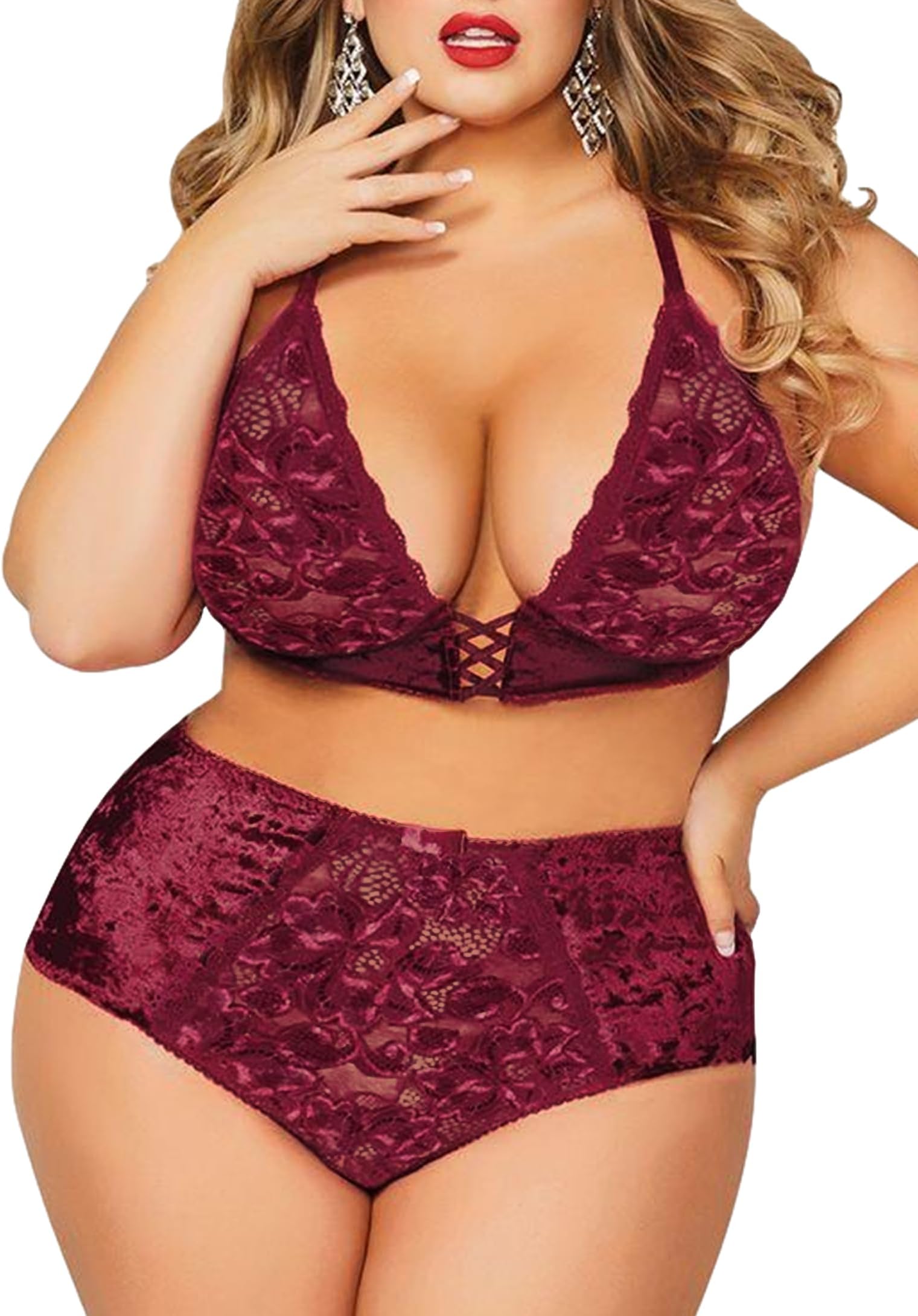 Women Valentines Lingerie Set - Sexy Plus Size Crushed Velvet Mesh Lace Up Exotic Halter Bralette High Waist Panty