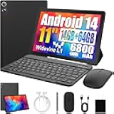 Android Tablet, 14GB RAM+64GB ROM (TF 1TB), 11 inch Android 14 Octa-Core, 6800mAh, Widevine L1, WiFi 6, 8 in 1 Tablet with Keyboard, Mouse, Protective Case, Stylus, Headset, Charger- Black