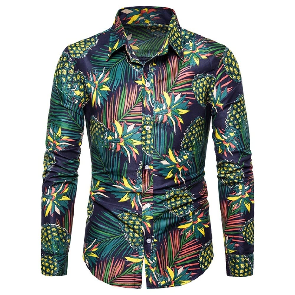 HGJH Hawaii Hemd Männer, Herrenhemd Langarm Ananasblätter Aufdruck Hawaiihemd Kubakragen Schwarz Langarm Button Down Weiches Strandhemd Henley Shirt Für Herren Jungen