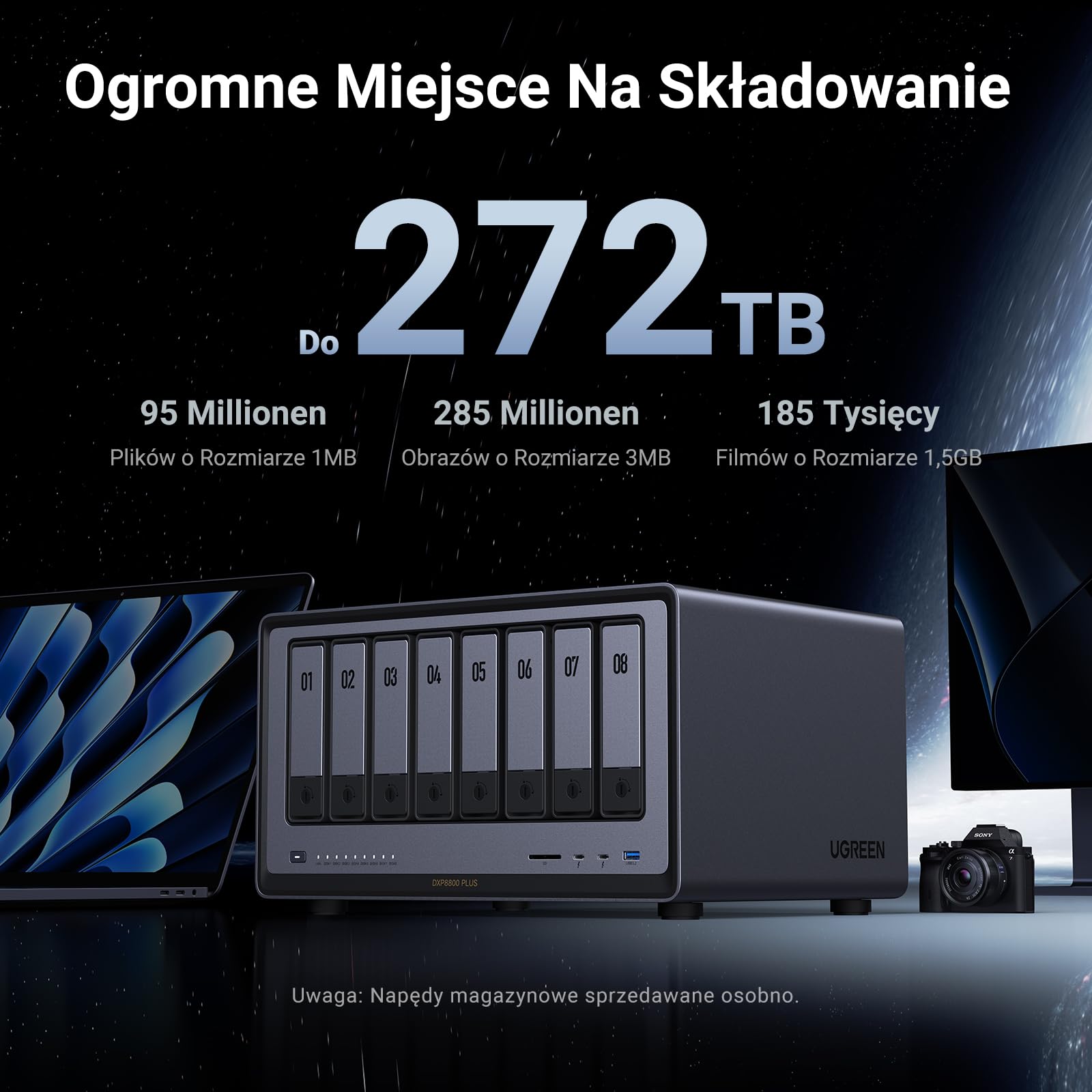 UGREEN NASync DXP8800 Plus 8-bayowy NAS biurkowy procesor Intel i5 1235U 10 rdzeni 8 GB RAM DDR5 SSD 128 GB 2 porty 10 GbE 2 sloty M.2 NVMe HDMI 8K 2 porty TBT4 NAS bez dysków