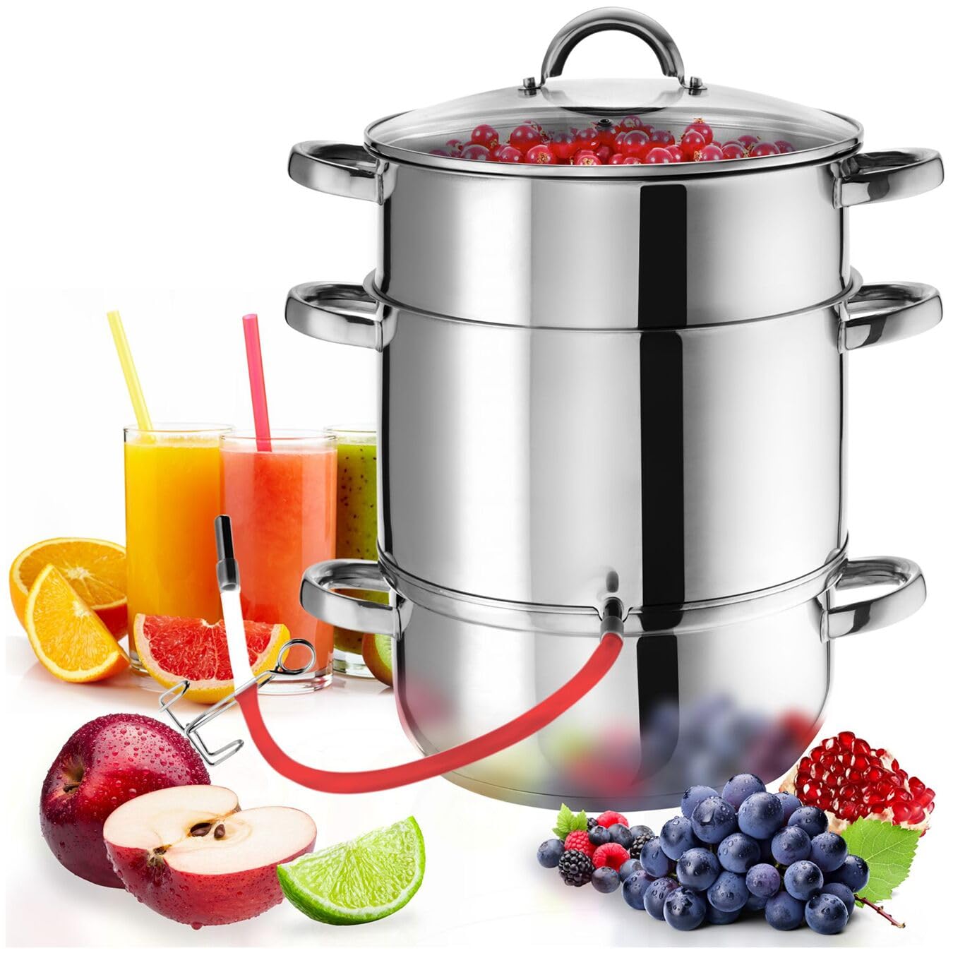 tectake® Pentola Estrattore di Succhi, 15 L Succo di Frutta,Verdura, Acciaio Inox AISI 430 Ø: 26 cm, Set Pentole, Pentole in Acciaio Inox, Utili per la Casa, Coperchio
