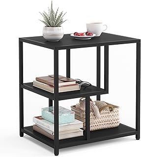 LINSY HOME End Table, 3-Tier Narrow Side Table with Storage Shelves, Industrial Beside Table, Wood Nightstand for Living Room, Bedroom, Balcony, and Office, Easy to Assembly, Black