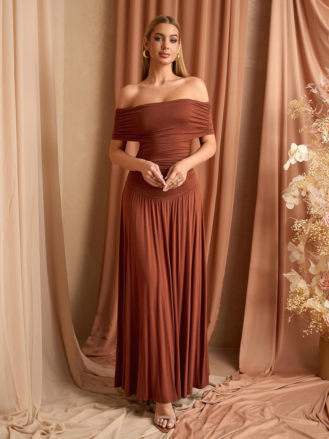 Off The Shoulder Maxi Dress for Women Summer Ruched Bodycon Pleated Flowy Formal Wedding Guest Long Dresses - Image 2