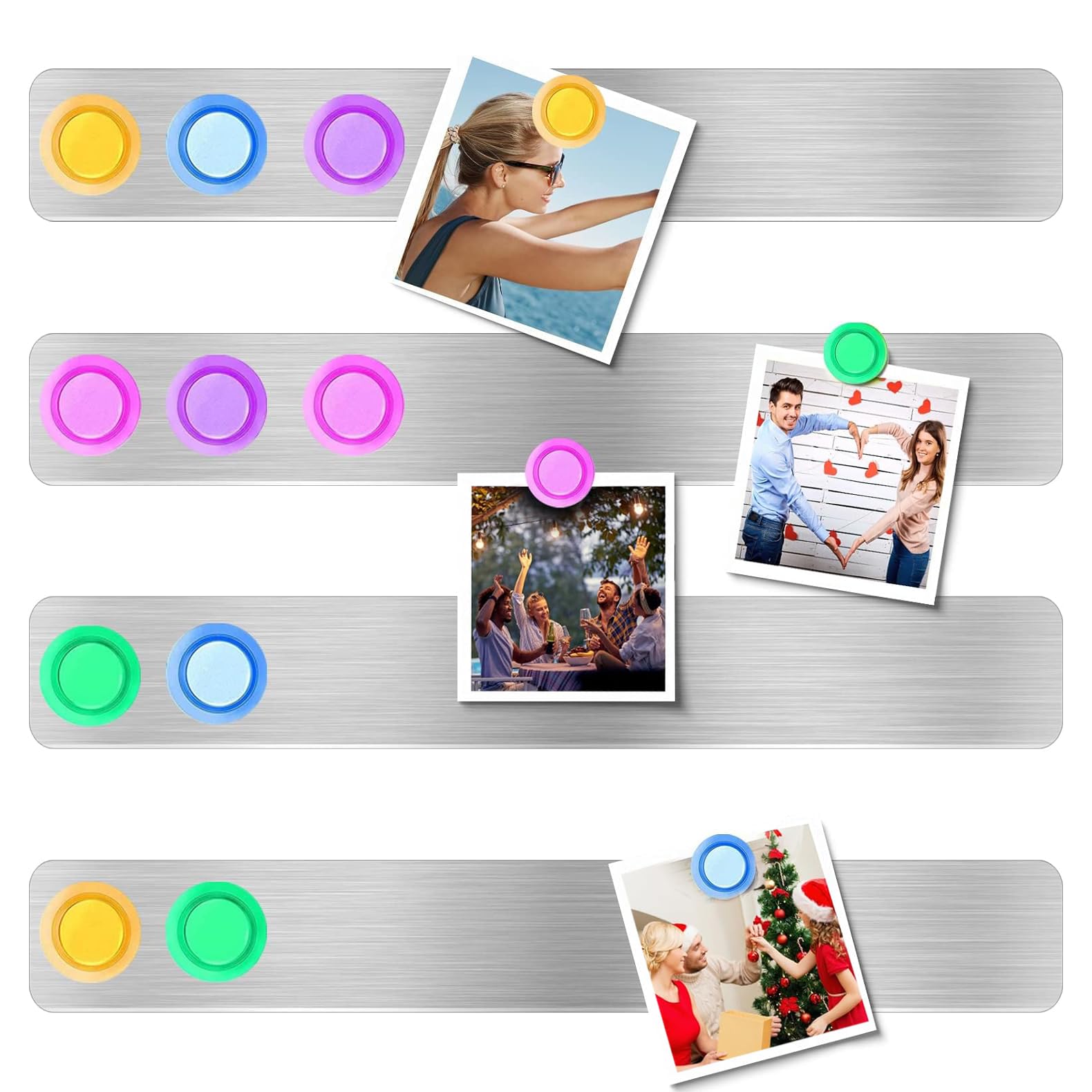 Angju Set of 4 Self Adhesive Frameless Stainless Iron Magnetic Bulletin Strips, Metal Strip for Magnets, Magnetic Bulletin Board, Magnetic Bulletin Bar, 16 Strong and Colorful Magnetic Buttons