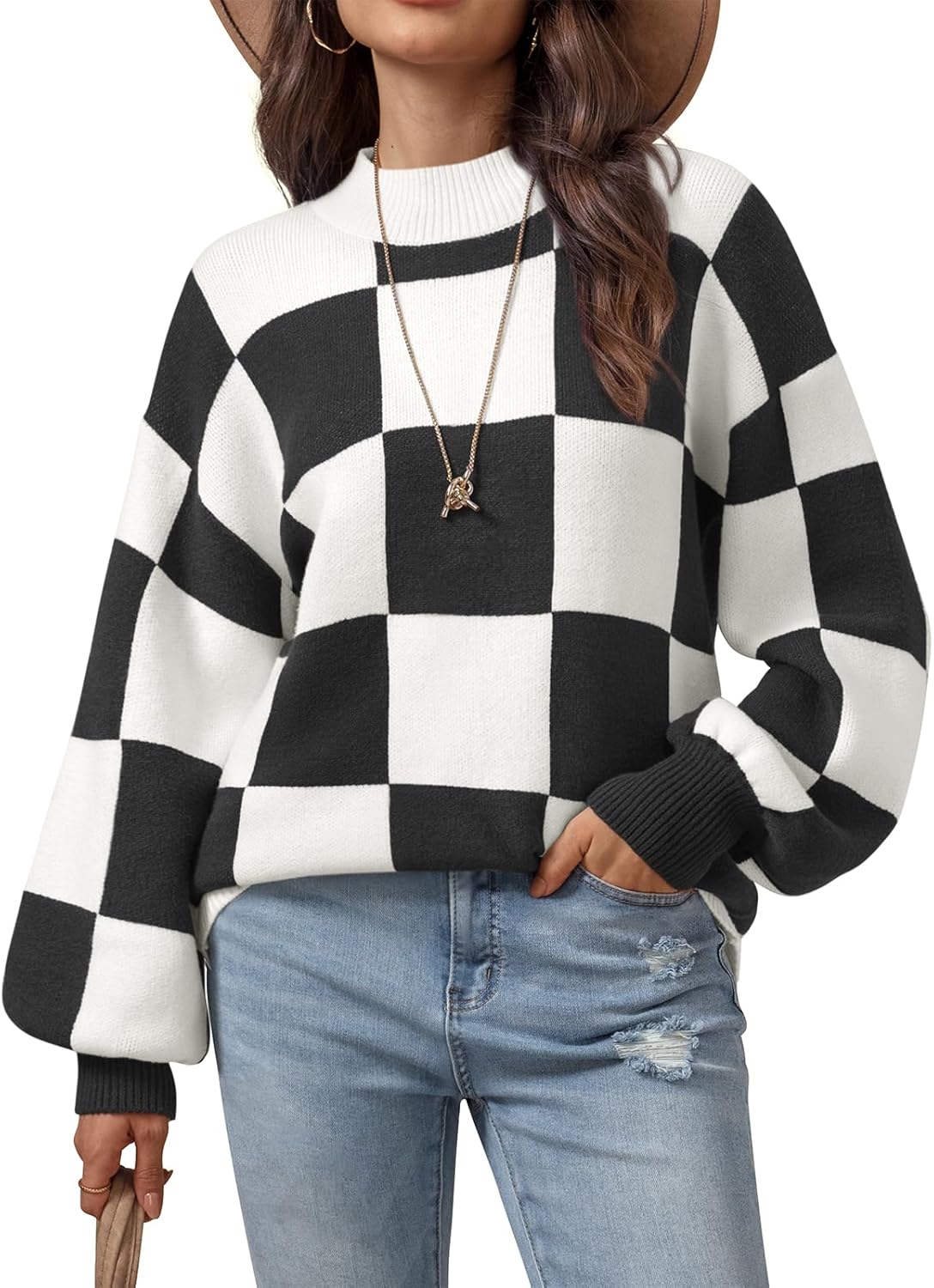 ATHMILE Womens Fall Fashion Mock Neck Sweater Long Sleeve Plaid Ribbed Knit Loose Pullover Tops Trendy Office Outfits