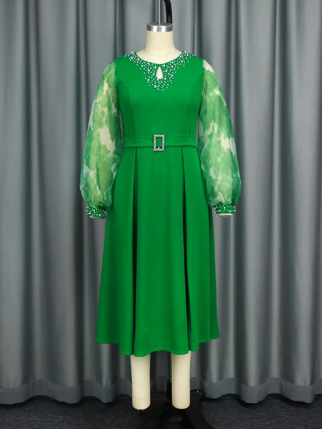 AOMEI Women's Long Lantern Sleeve Beaded Round Neck A-line Midi Dress for Church Evening Party - Image 4