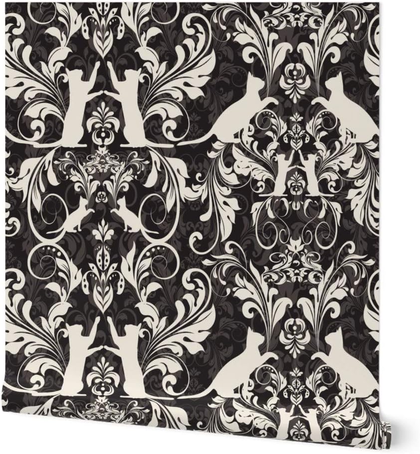 Peel & Stick Wallpaper 3ft x 2ft - Cat Damask Black Cream Victorian Damask Vintage Style Kitty Kitten Custom Removable Wallpaper by Spoonflower
