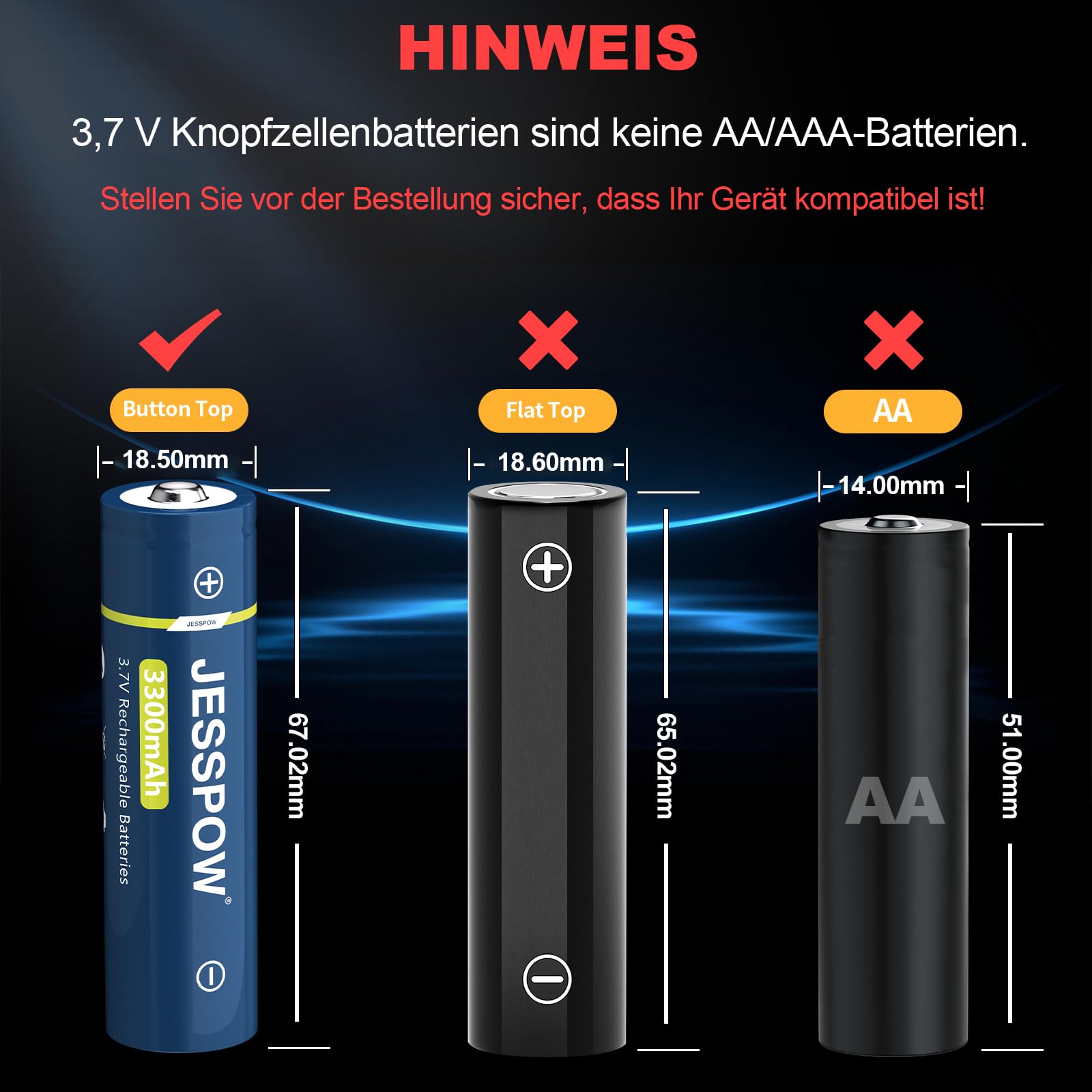 3,7 V batería recargable botón superior con cargador, batería de 3300 mAh para linternas LED, linternas, ventilador pequeño [2 unidades, batería no AA/AA]