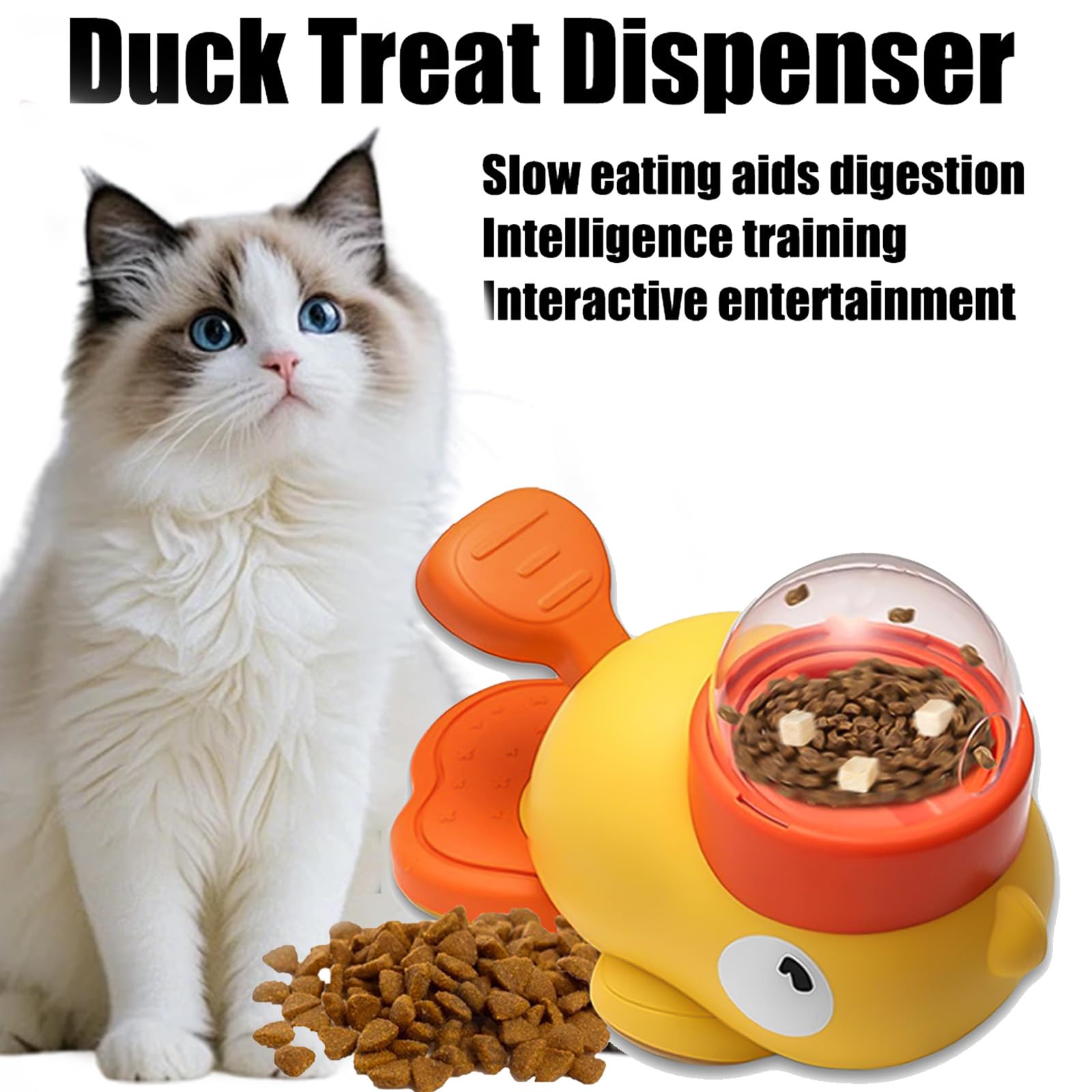 Dispensador de golosinas for Gatos, máquina tragamonedas interactiva con Forma de Pato y Perro, con Tres Salidas de Comida Ajustables, Juguete de Rompecabezas de alimentación Lenta.(2Yellow)