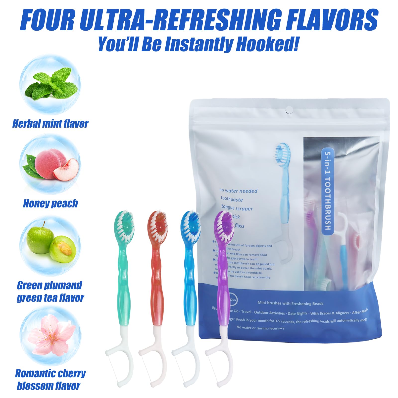 26 Cepillos de Dientes Desechables 5 en 1 Portátiles para Viaje, con Pasta de Dientes Pre-aplicada, Hilo Dental, Limpiador de Lengua y Palillo, Mini Cepillo para Higiene Bucal, Frescura Inmediata