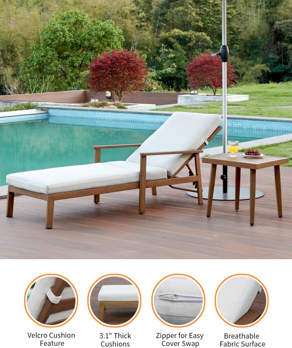 Teak Lounge Chair Set, 2 Pieces Never Rusts Aluminum Pool Lounge Set with Gray Thick Cushion, Outdoor Chaise Lounge with Side Table, Outdoor Lounge Furniture for Beach, Poolside, Backyard