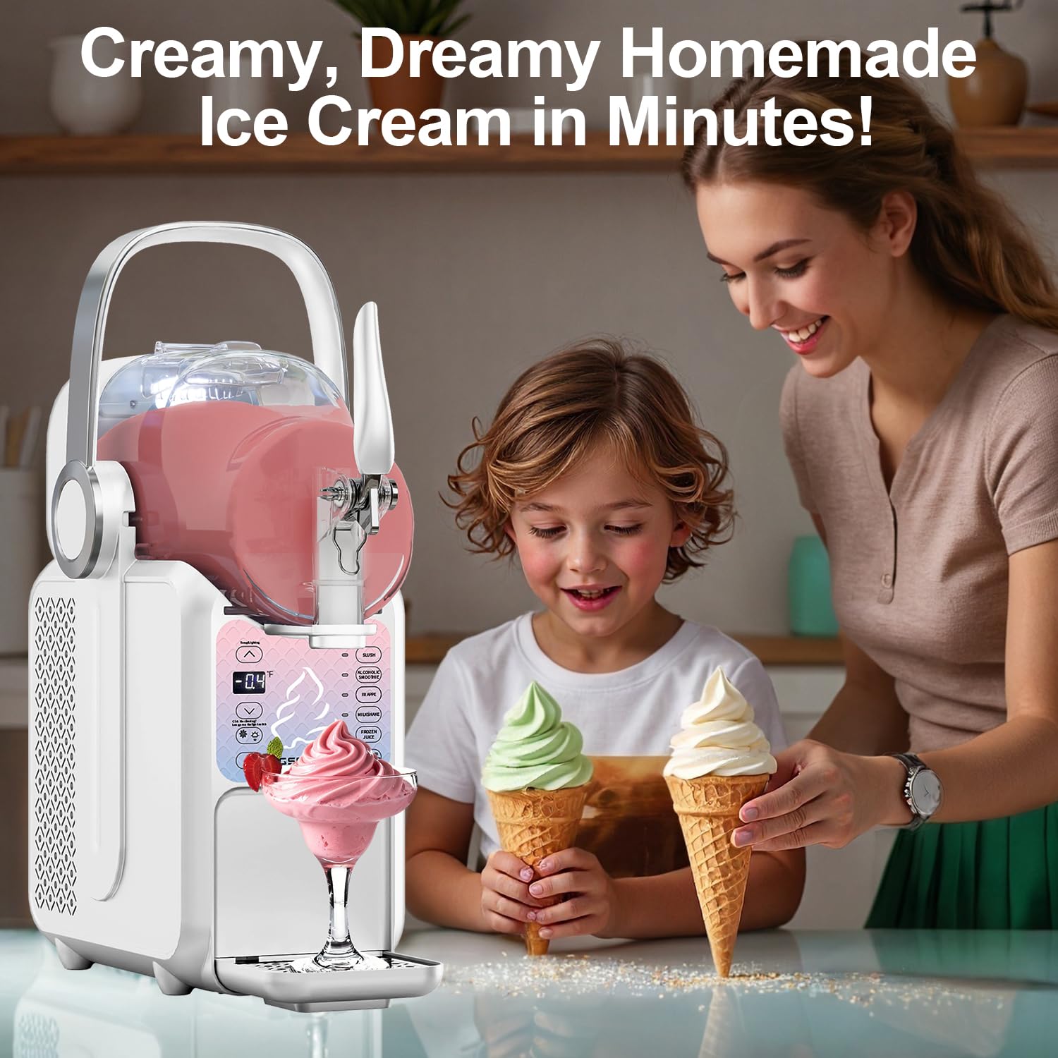 soft serve ice cream maker, 88oz slushie machine for home with portable handle, 6 preset mode for ice cream, margaritas, frappés, milkshake, juice, real-time adjustable temp display ice cream white