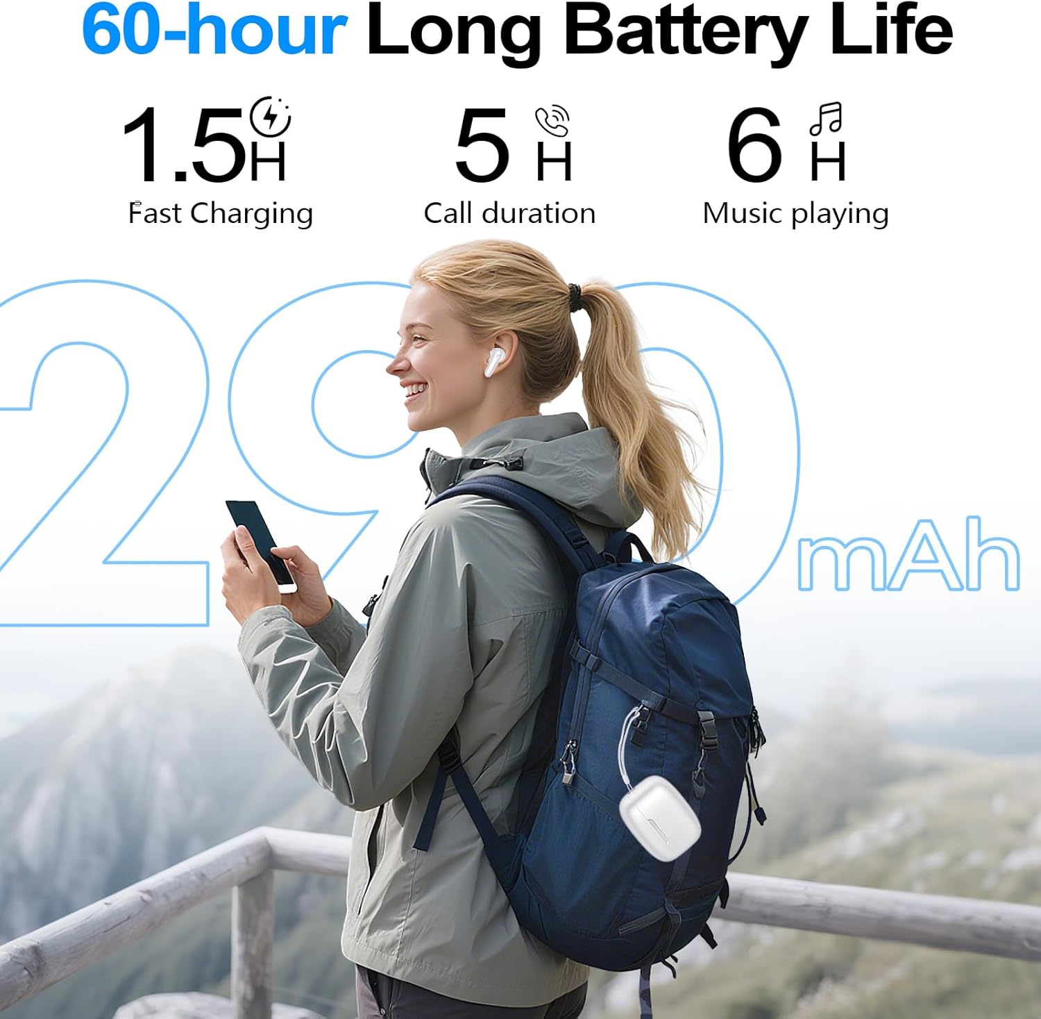 kurdene Wireless Earbuds Bluetooth 5.4 Headphones 60H Playtime Deep Bass Stereo Ear Buds with Mic Comfort Lightweight in Ear Earphones for Workout/Running White - Image 5