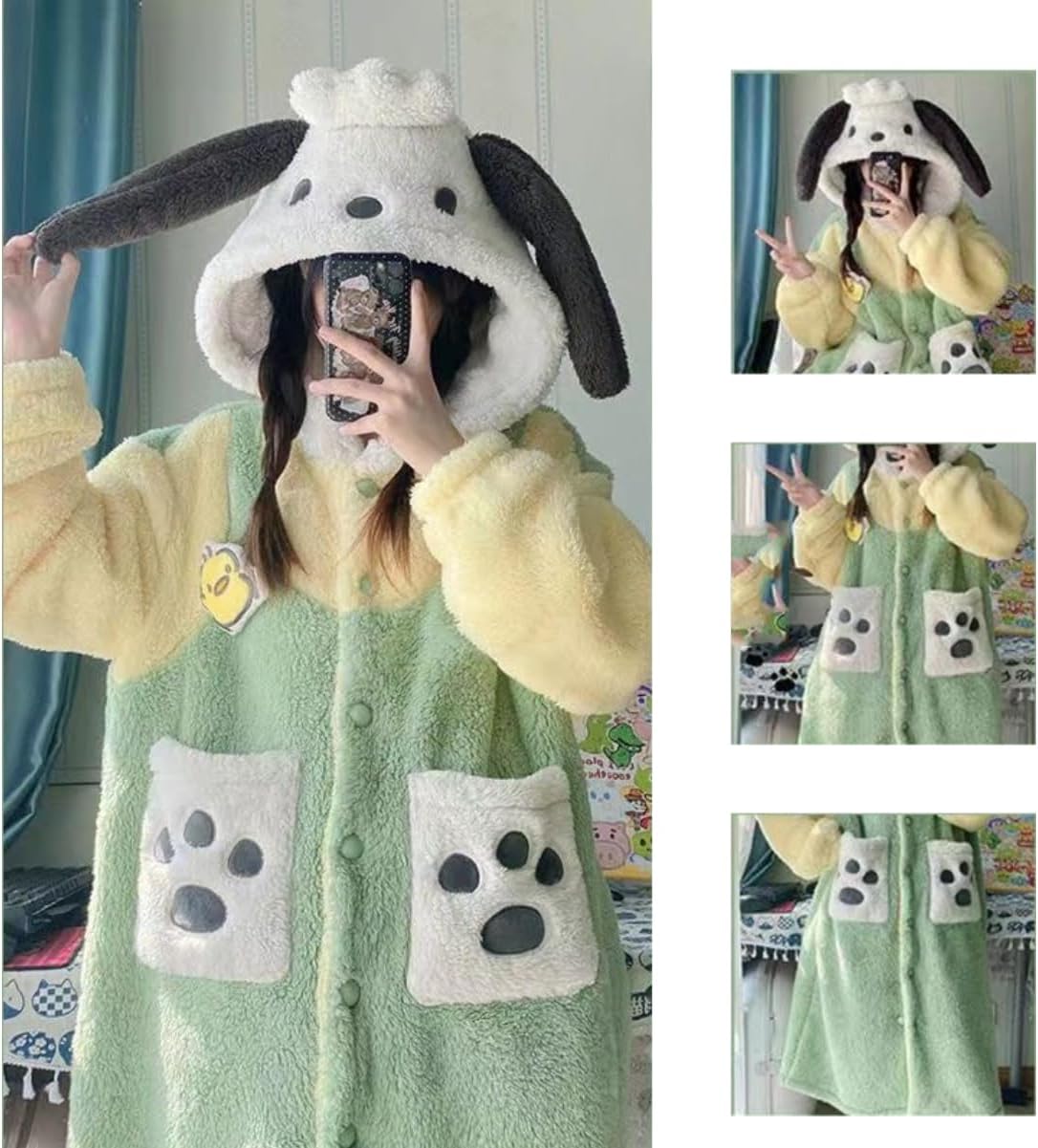 Brrioe Women's Cute Robe Button Bathrobe - Hooded Plush Sleepwear with Kawaii Pattern and trousers Sets
