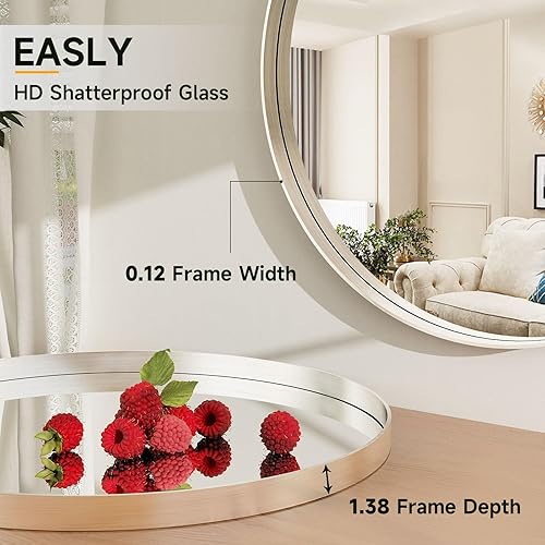 Miniatura 6 de Easly Espejo redondo de baño de 24 pulgadas, espejo circular montado en la pared con marco de metal, espejo moderno adecuado para baño, tocador,