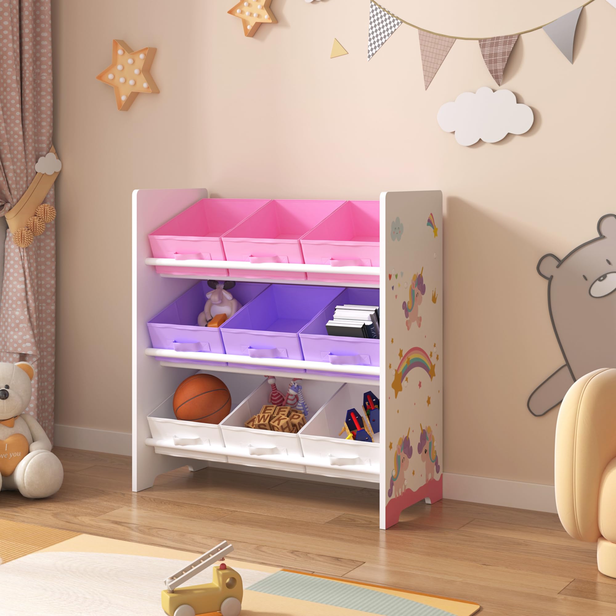 [en.casa] Scaffale Portaoggetti Montessori per Bambini Mobile Contenitore per Cameretta con 9 Cassetti Inclinati in Tessuto e Struttura Decorata 60x62x30 cm Design Unicorno