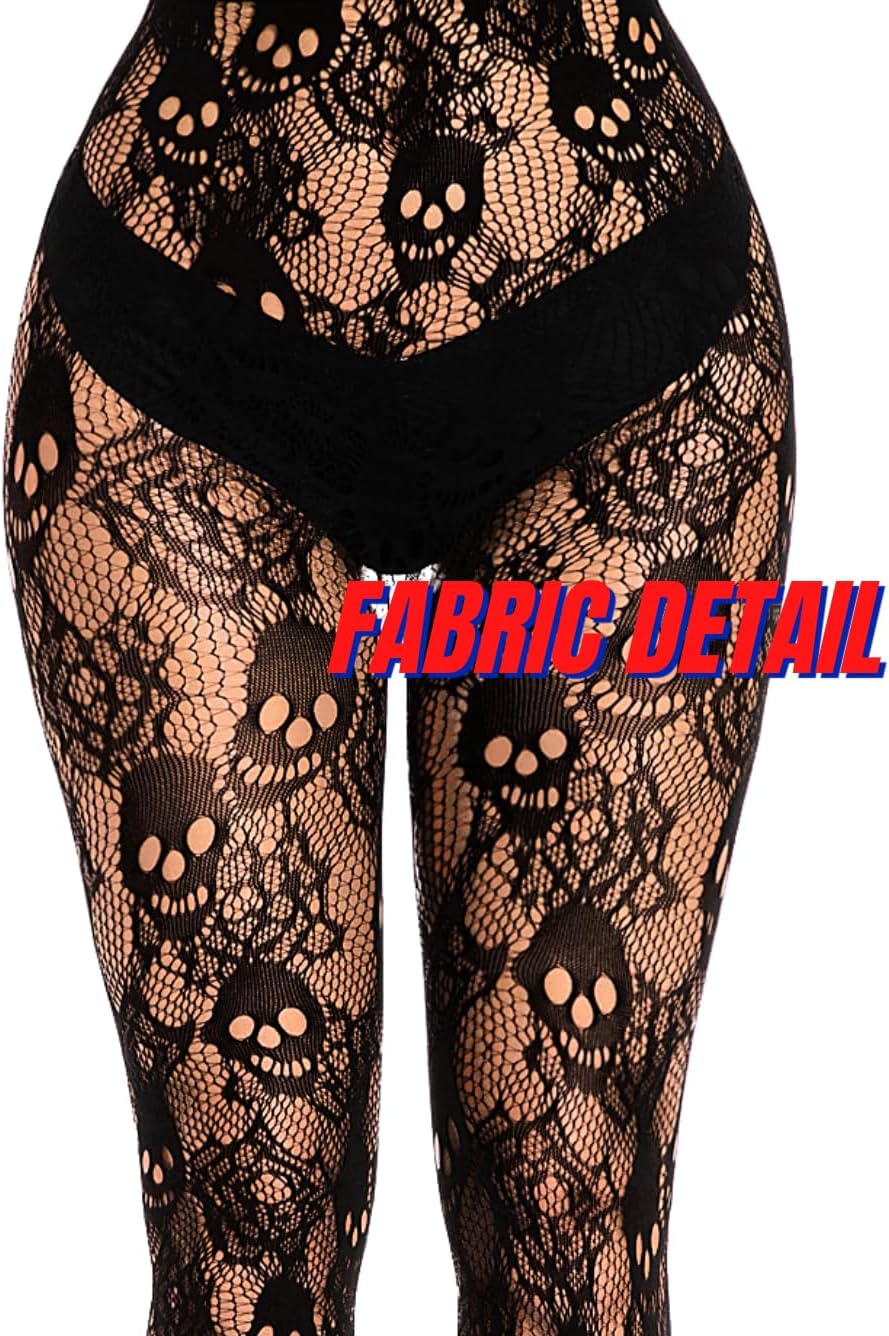 Goth Tights For Women,Sheer Mesh Skull Fishnets Leggings,Patterned Sexy Stockings Halloween Costume Black - Image 5