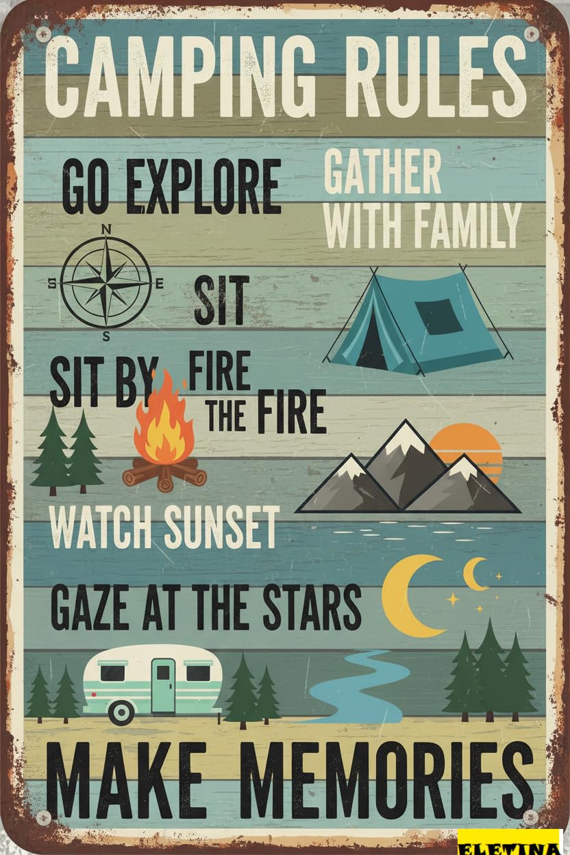 Vintage Metal Tin Sign Funny Camping Rules Campsite Bar Terrace House Wall Decor Novelty Camping Gift Women Men 8x12 Inch