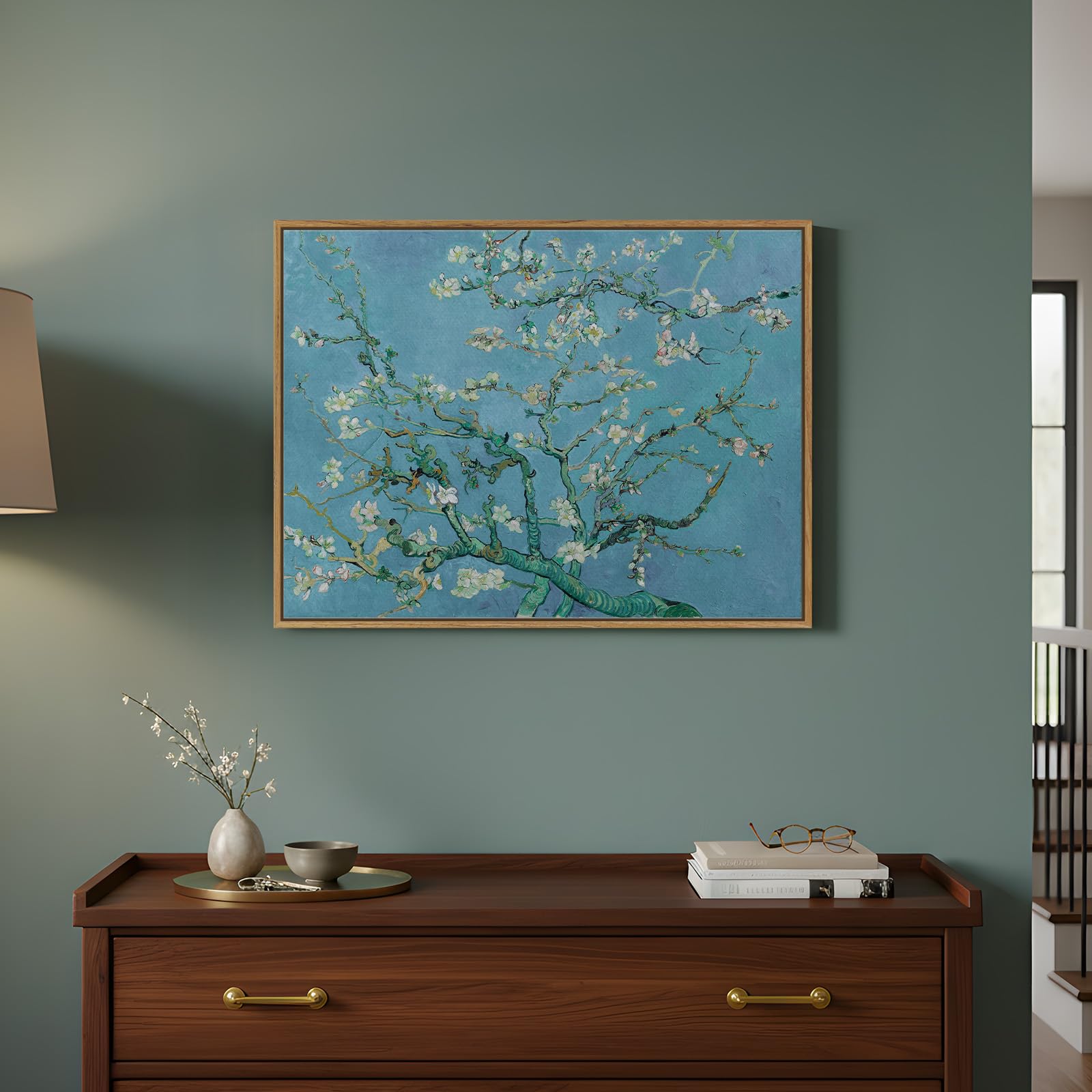 Framed Van Gogh Wall Art, Almond Blossom Canvas Print, Vintage Impressionist Floral Painting with Blue Background for Living Room Bedroom Office Wall Decor, 12x16 Inch