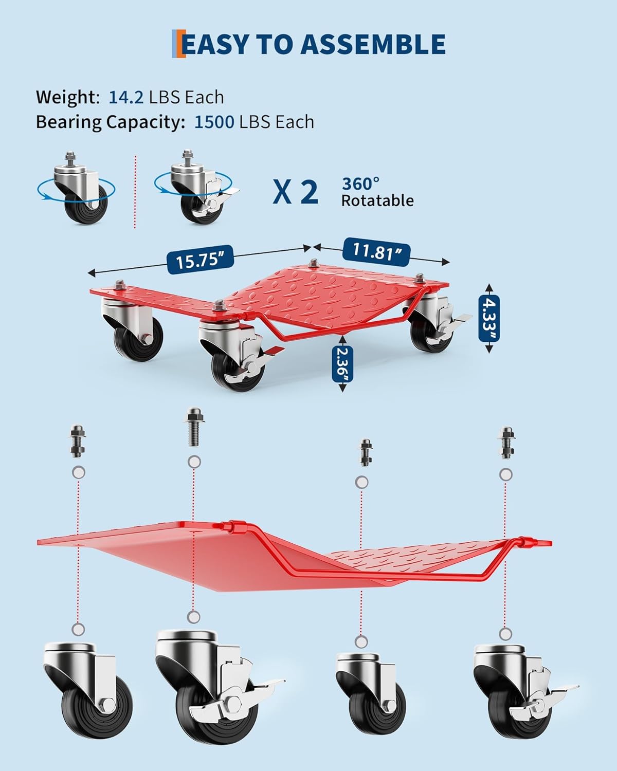 Acekool Car Wheel Dolly, 6000 lbs/2722 kg Car Moving Cart with Brakes, Set of 4 Piece, Heavy-Duty Vehicle Dolly, Moving Cars, Trucks, Trailers, Motorcycles, and Boats, Red