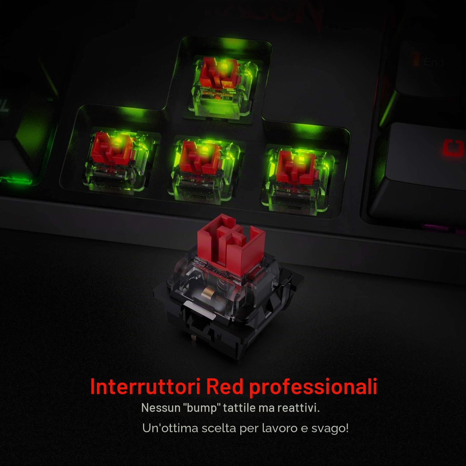 Redragon K582-US SURARA Tastiera da gioco meccanica QWERTY retroilluminata a LED RGB con 104 tasti, layout americano (interruttore rosso - layout americano)
