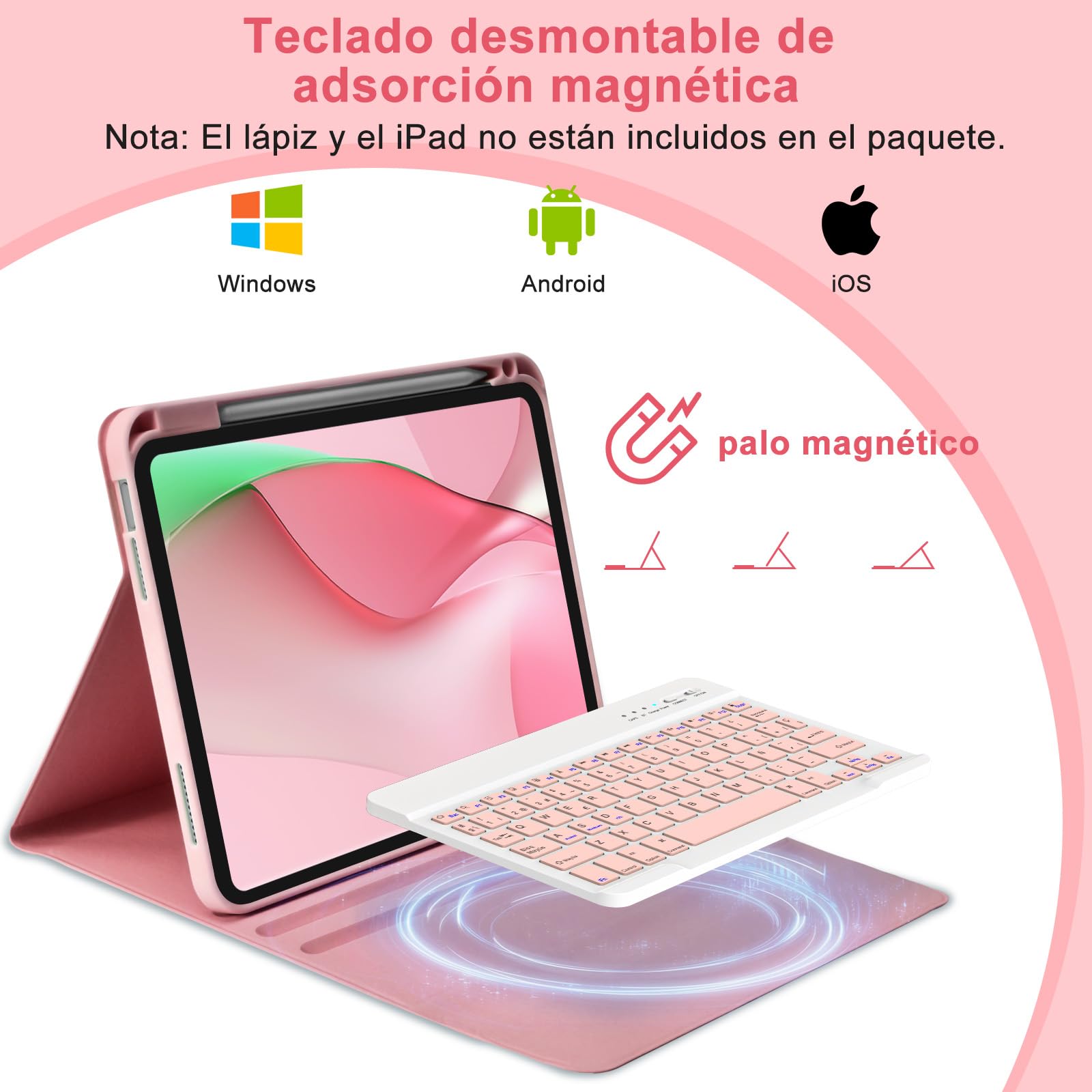 MMK Funda con Teclado para iPad A16 11ª Generación 2025/10ª Generación 2022, QWERTY Español Ñ, Funda Teclado iPad 11/10 Gen Bluetooth Inalámbrico Desmontable (Rosado)