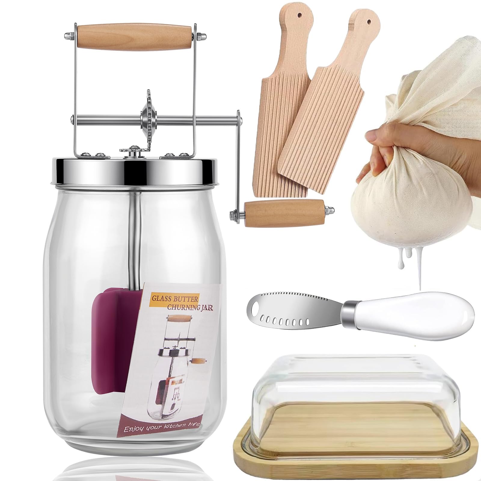 Manuelle Buttermaschine Butterfass Glas 1,5L Handkurbel Edelstahlgetriebe Selbstgemachte Kräuterbutter