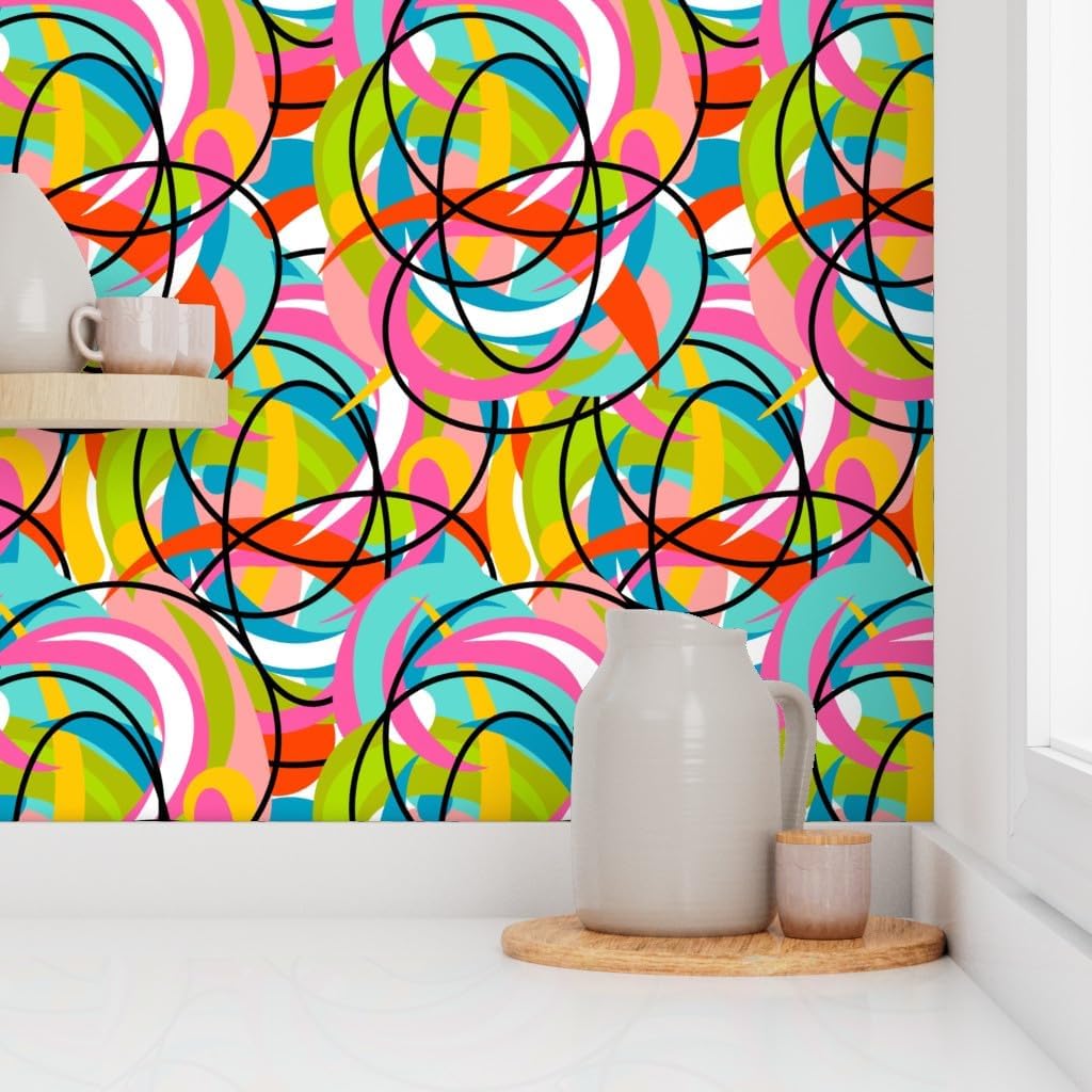 Spoonflower Peel & Stick Wallpaper 3ft x 2ft - Mod Modern Graffiti Swirl Summer Groovy Happy Custom Removable Wallpaper