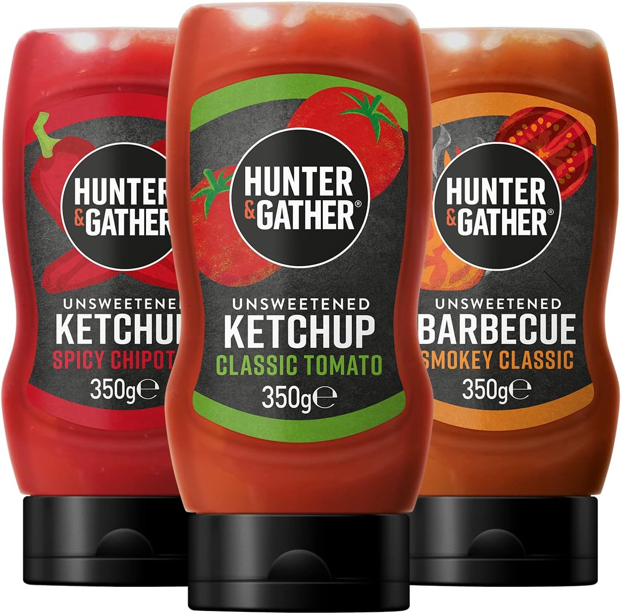Hunter & Gather Unsweetened Sauces 3 x 350g | Classic Ketchup, BBQ & Spicy Ketchup, Keto, Paleo, Low Carb & Vegan Friendly | Free from Added Sugar & Sweeteners