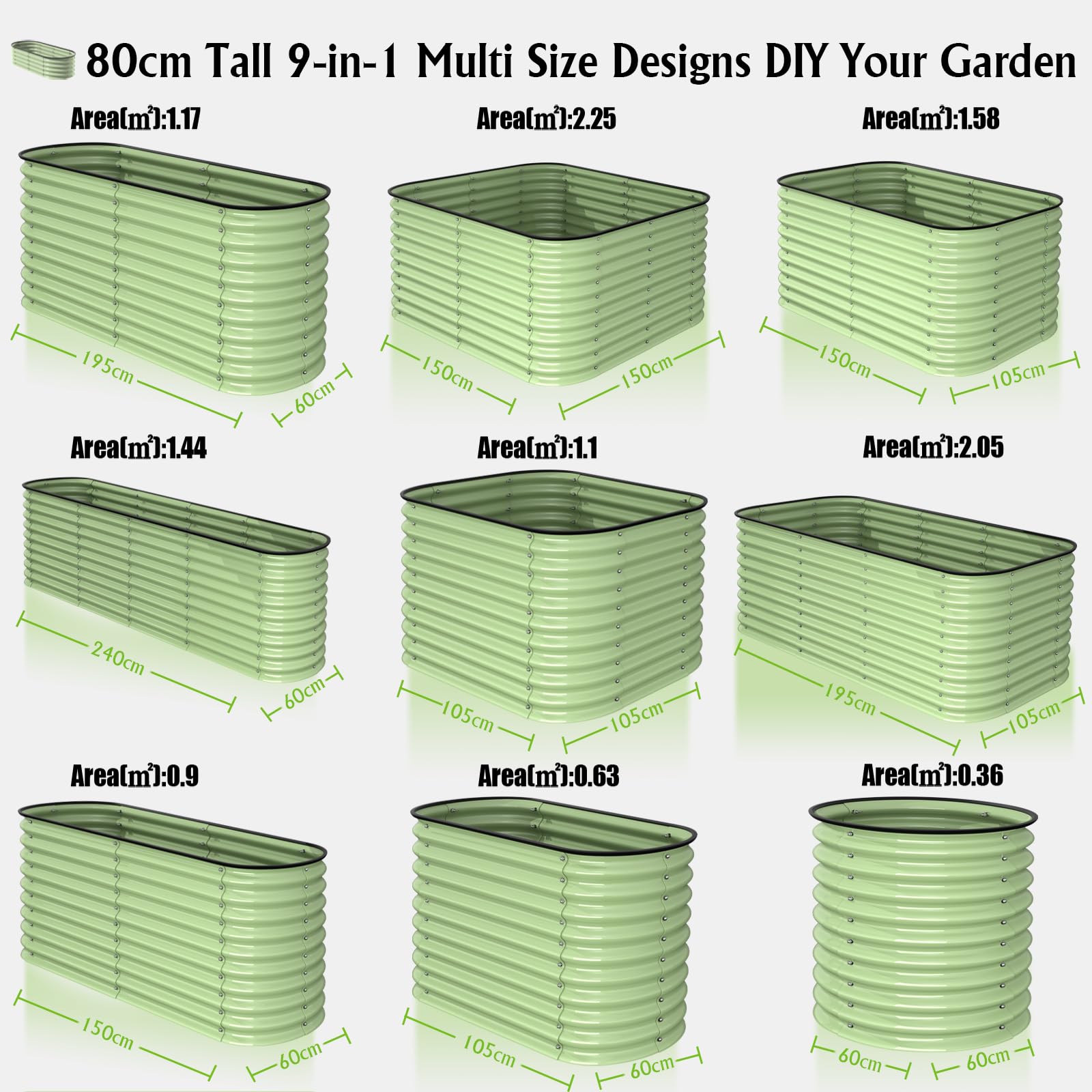 Gardtech 9 IN 1 Hochbeete für Garten - 240x60x80cm Hochbeet Praktische Stahl Rostfrei Verzinkt - Stabiles Hochbeete-Kit aus Metall - Innovativer Gemüsebeet Grün - Gartenbeet für Gemüse Kräuter Blumen