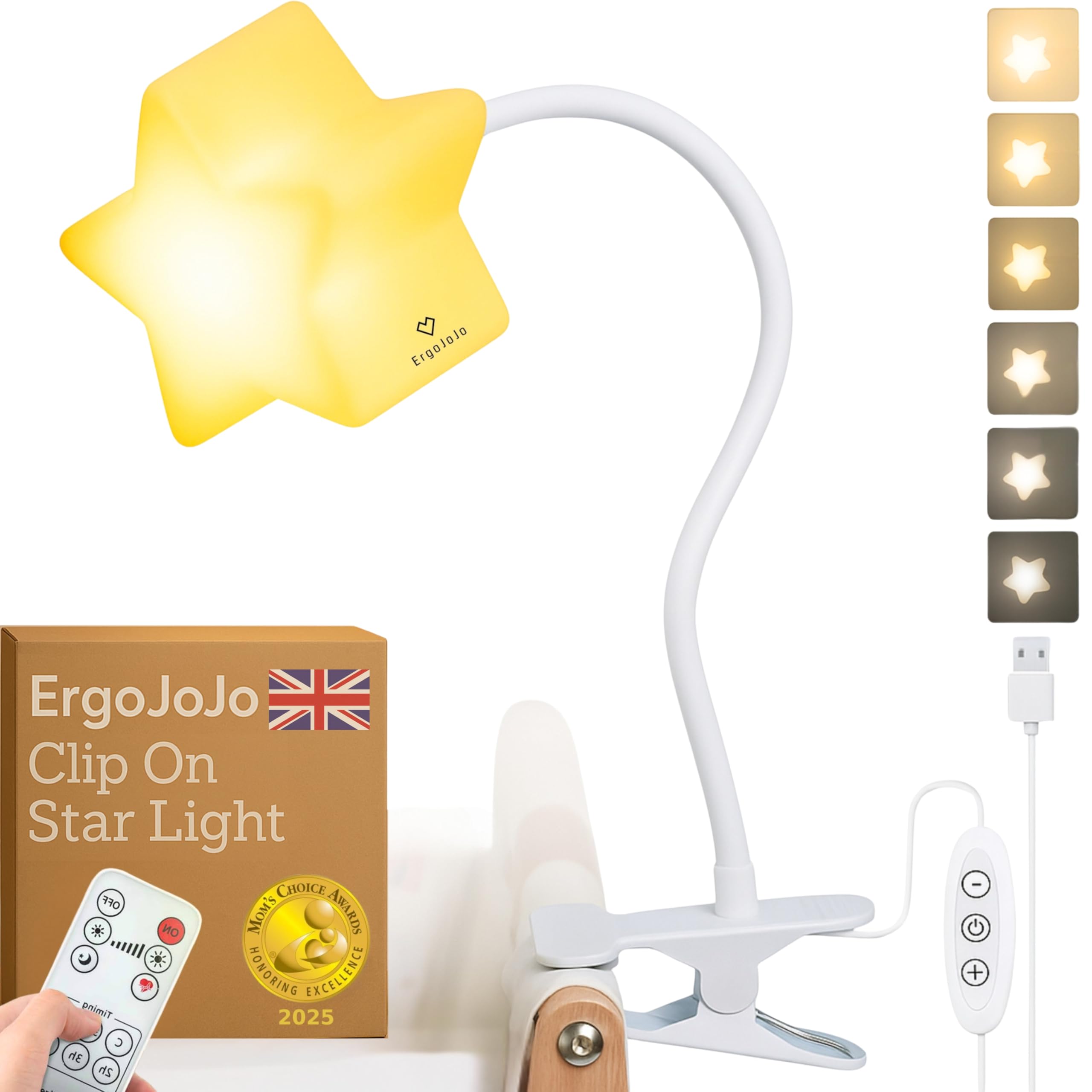 Ergojojo LED Clip On Star Light, a Unique Baby lamp - Ideal Breastfeeding, Night Light for Next to me Crib, Bedside Lamps, Bedroom Accessories, Reading & Desk lamp