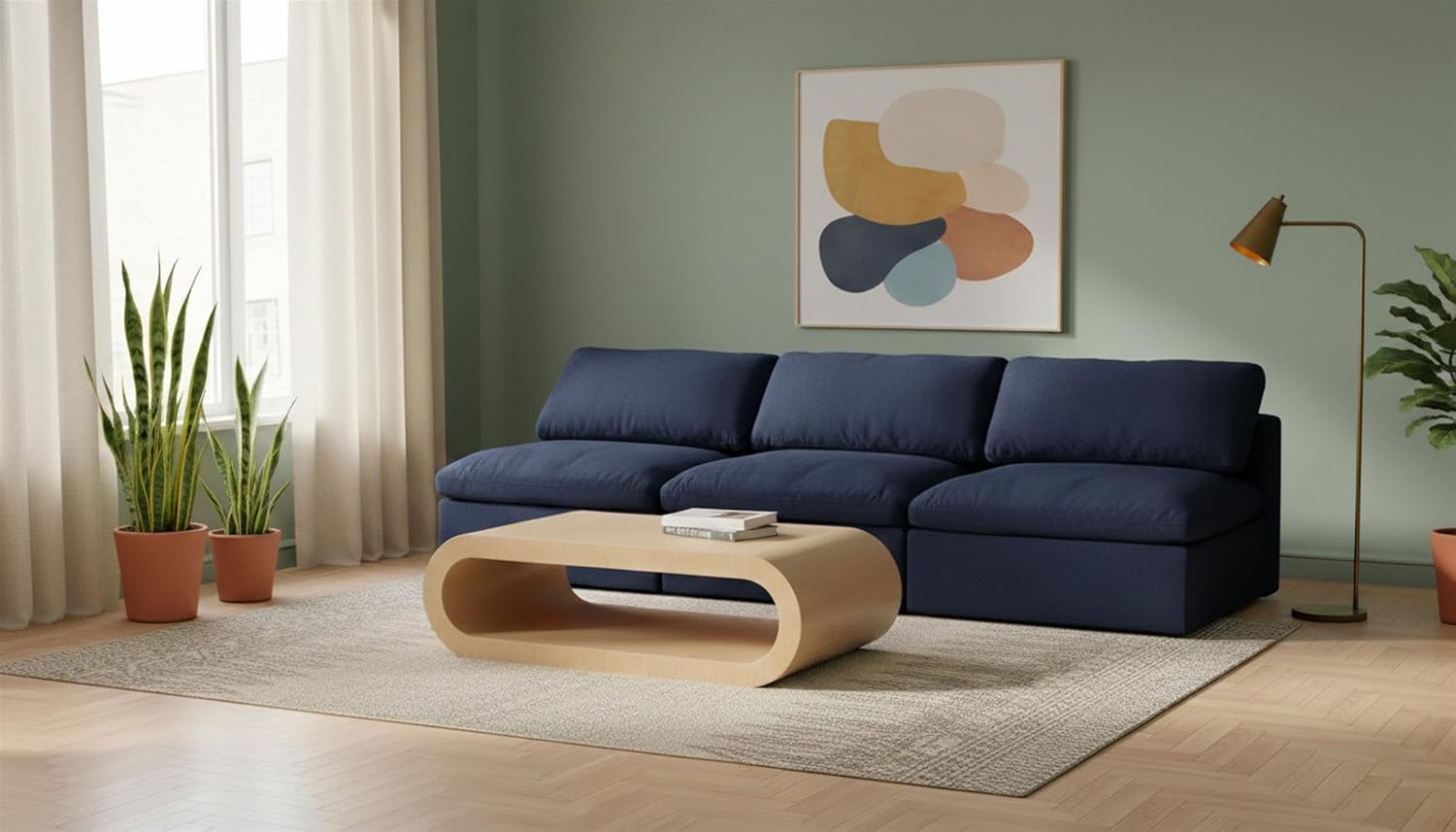 Meridian Furniture 601Navy-S117 Serene Collection Modern | Contemporary Deluxe Comfort Modular Armless Sofa, Soft Linen Textured Fabric, Down Cushions, 117" W x 40" D x 32" H, Navy