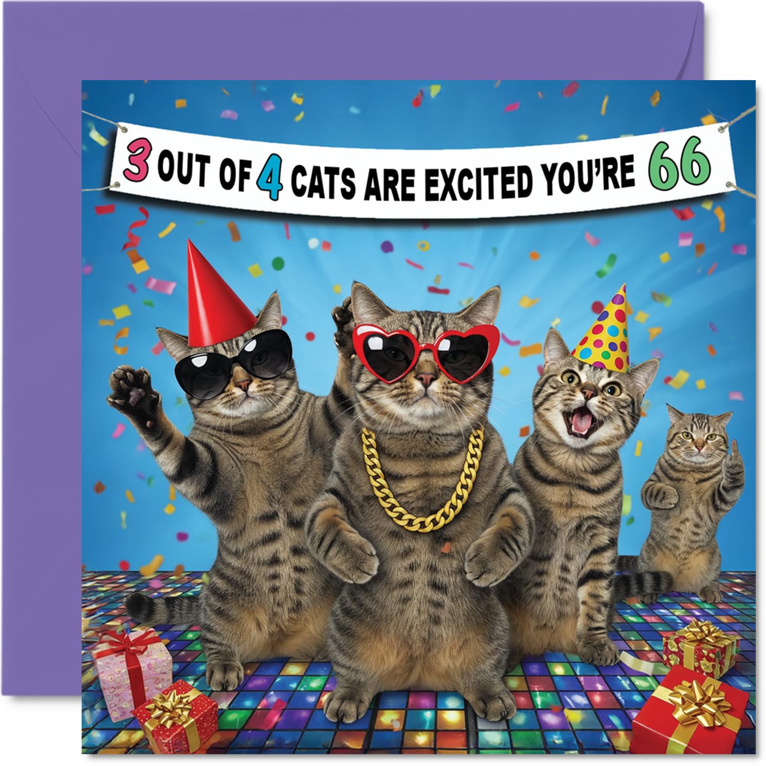 66th Birthday Cards for Men - 3 Out of 4 Cats - Happy Birthday Card for 66 Year Old Man Cousin Grandad Uncle Neighbour, 145mm Bday Greeting Cards