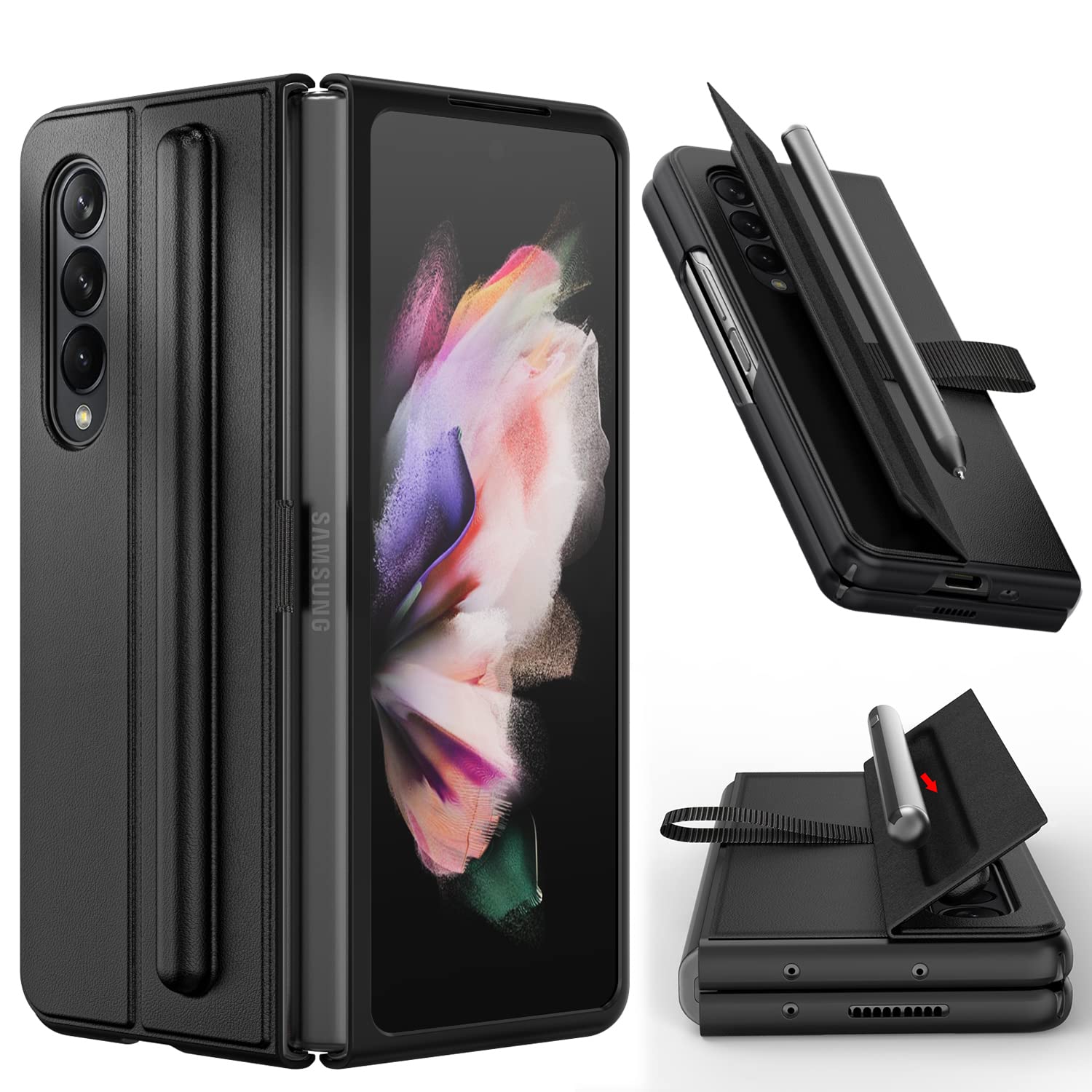 EACHO Samsung Galaxy Z Fold 3 5G Case with Pen Holder (Built-in Hidden), Shockproof Anti-Scratch Protective Phone Case Slim Fit Cover for Samsung Galaxy Z Fold 3 5G (2021)-Black
