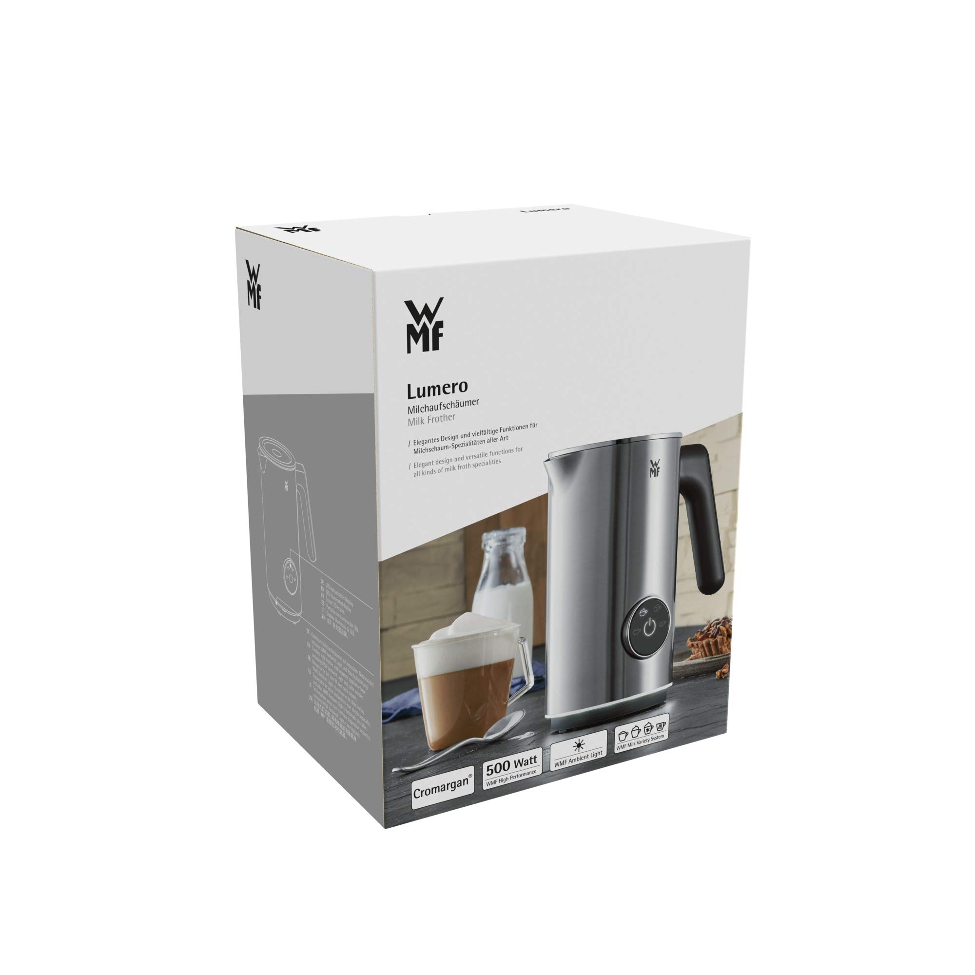 WMF Montalatte elettrico Lumero design, frullatore per frappe, 1-25 ml, display touch, luce LED, 5 watt, per schiuma di latte calda e fredda, latte caldo, scalda latte, acciaio inossidabile opaco