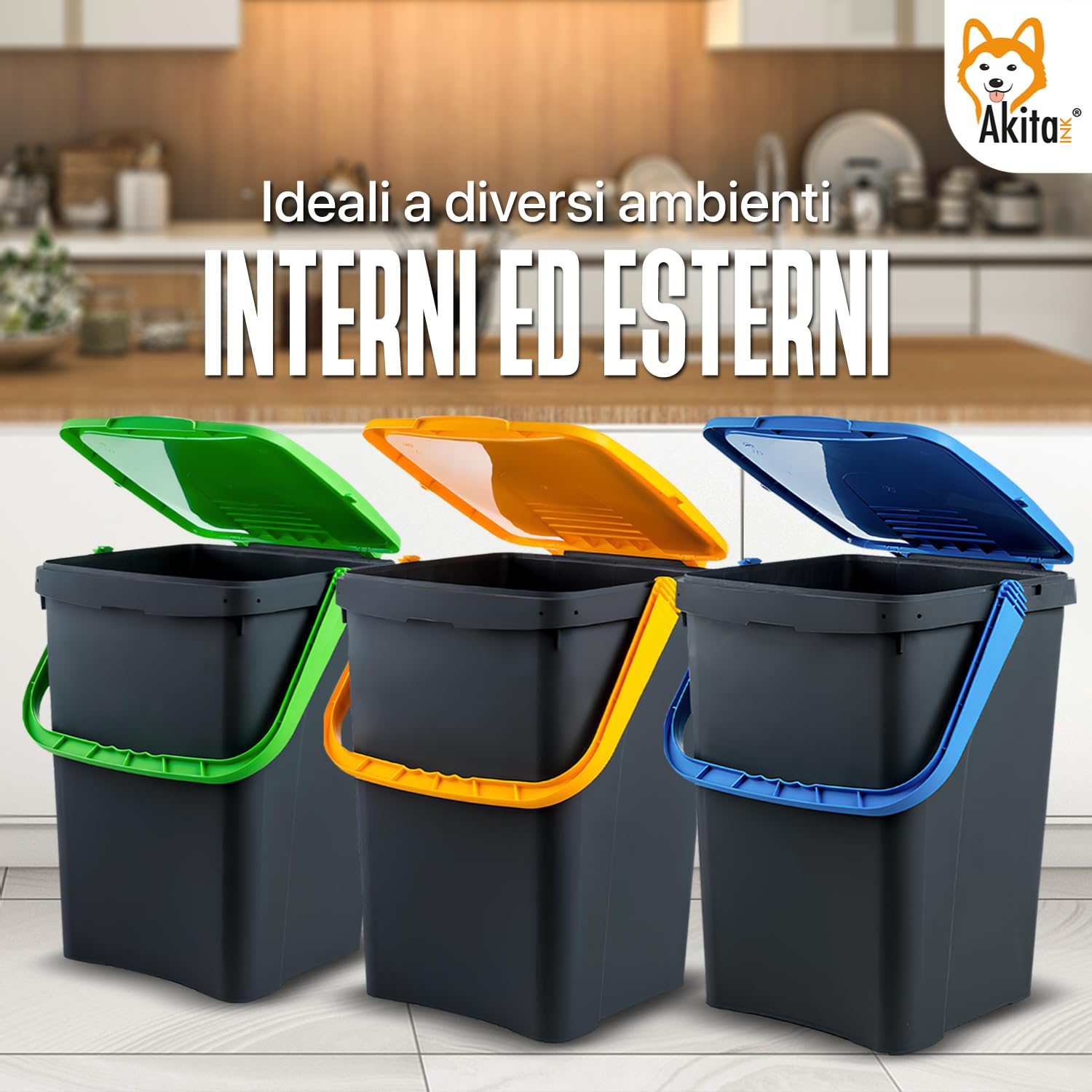 AKITAInk Set 3 Pattumiere AKIPATFOLK da 50L Cad. Totale 150L - Bidoni Differenziata in Plastica Riciclata, Made in Italy, con Manico Antirandagismo e Doppia Apertura per Interni ed Esterni