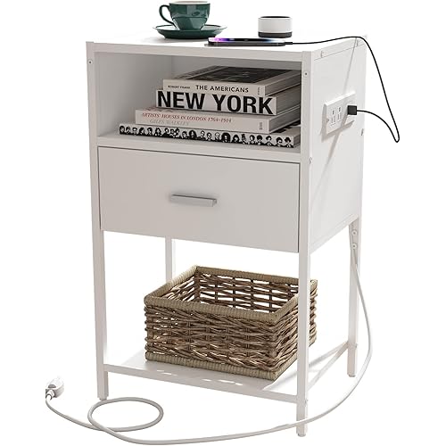 LDTTCUK Nightstand with Charging Station, Modern End Table with Drawer, White Bedside Table with Open Storage for Bedroom