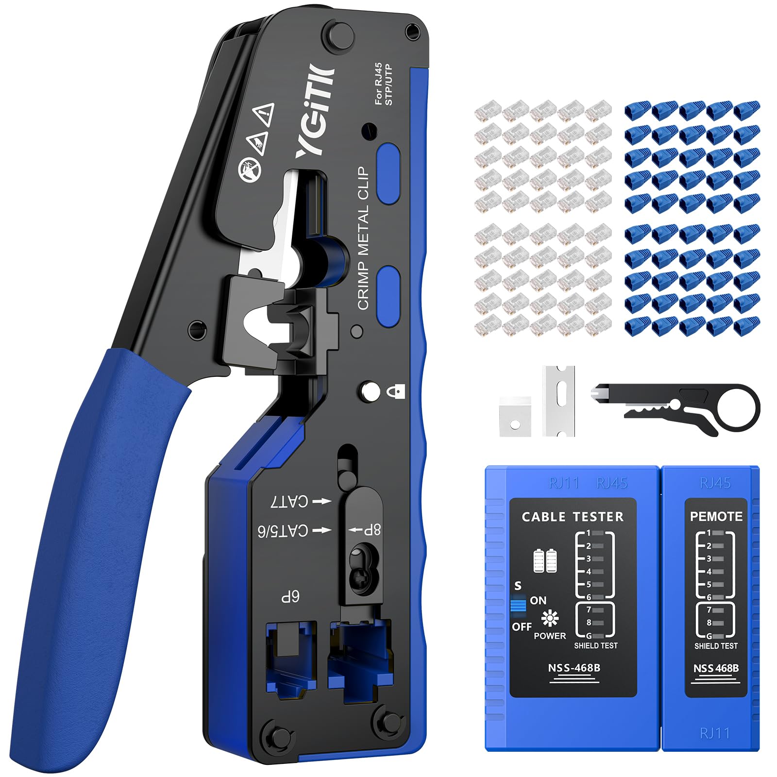 YGiTK Pinza Crimpatrice RJ45 di Rete Ethernet,Kit Multifunzione Strumento Crimpatura Spelafili per Cavi di Rete CAT5/CAT6/CAT6A/CAT7-con Taglierina per Cavi 50 Connettori RJ45 Cat6, 50 Guaine
