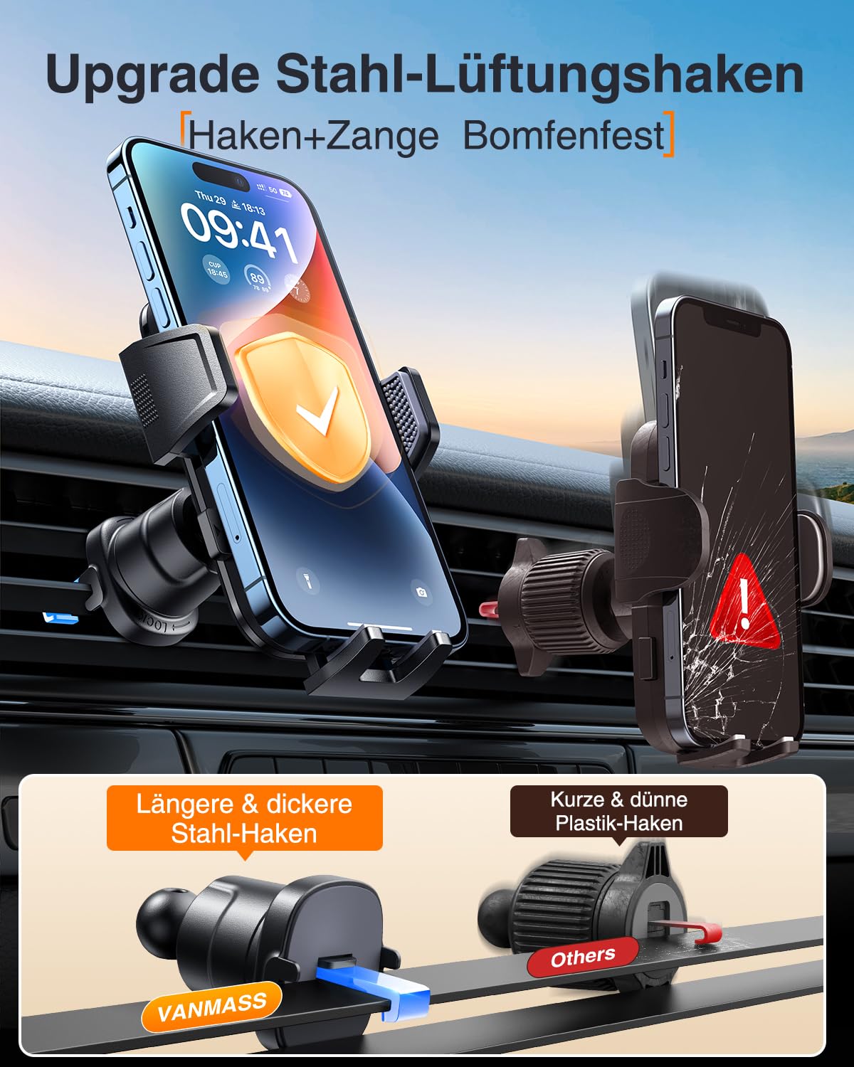 VANMASS Handyhalterung Auto Lüftung【2026 Stärkster Lüftungshaken】 Handy Halterung Auto Militär-Klasse Kfz Handyhalterung Universal Autohalterung für iPhone 17 Pro Max/17 Air/16/15/14 Samsung S26 usw