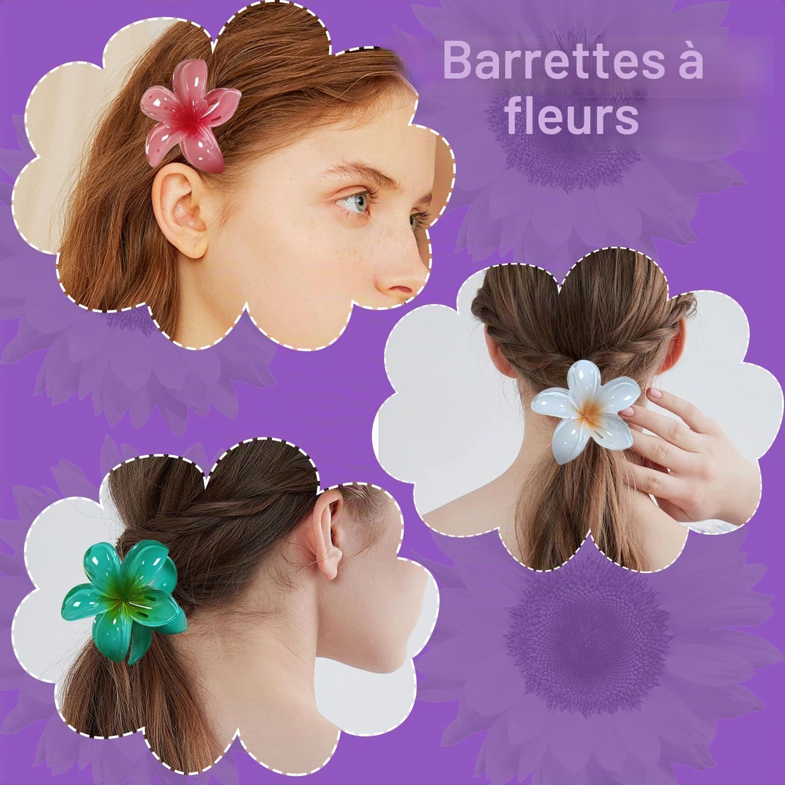 Barrettes à Fleurs pour Femme, 15 Pièces avec Grandes Fleurs Plumeria Hawaï 8cm, Antidérapantes pour Tous Types de Cheveux, Mélange de Couleurs pour Fête, Mariage, Vacances (B)