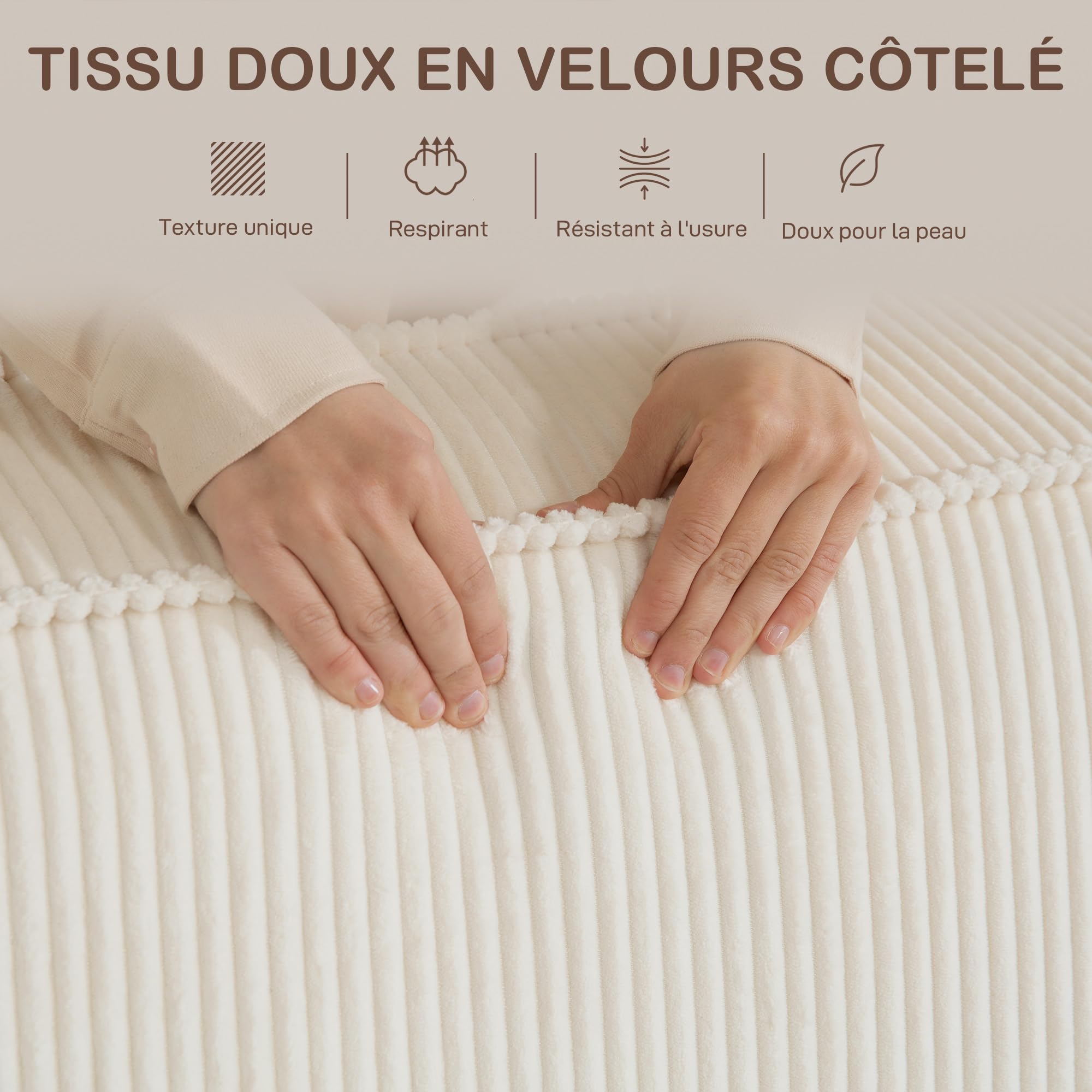 HOMCOM Canapé 3 Places en Velours côtelé 230 cm Moderne Compressé Beige
