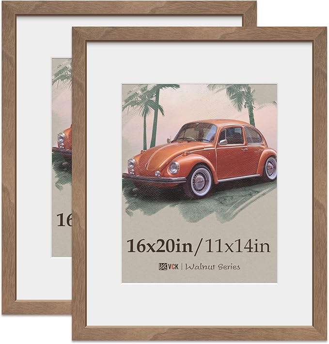 VCK 16x20 Picture Frame 2 Pack, Natural Wood Grain Brown Walnut & HD Glass, Display 11x14 Poster with Mat or 16x20 without Mat, Wall Hanging