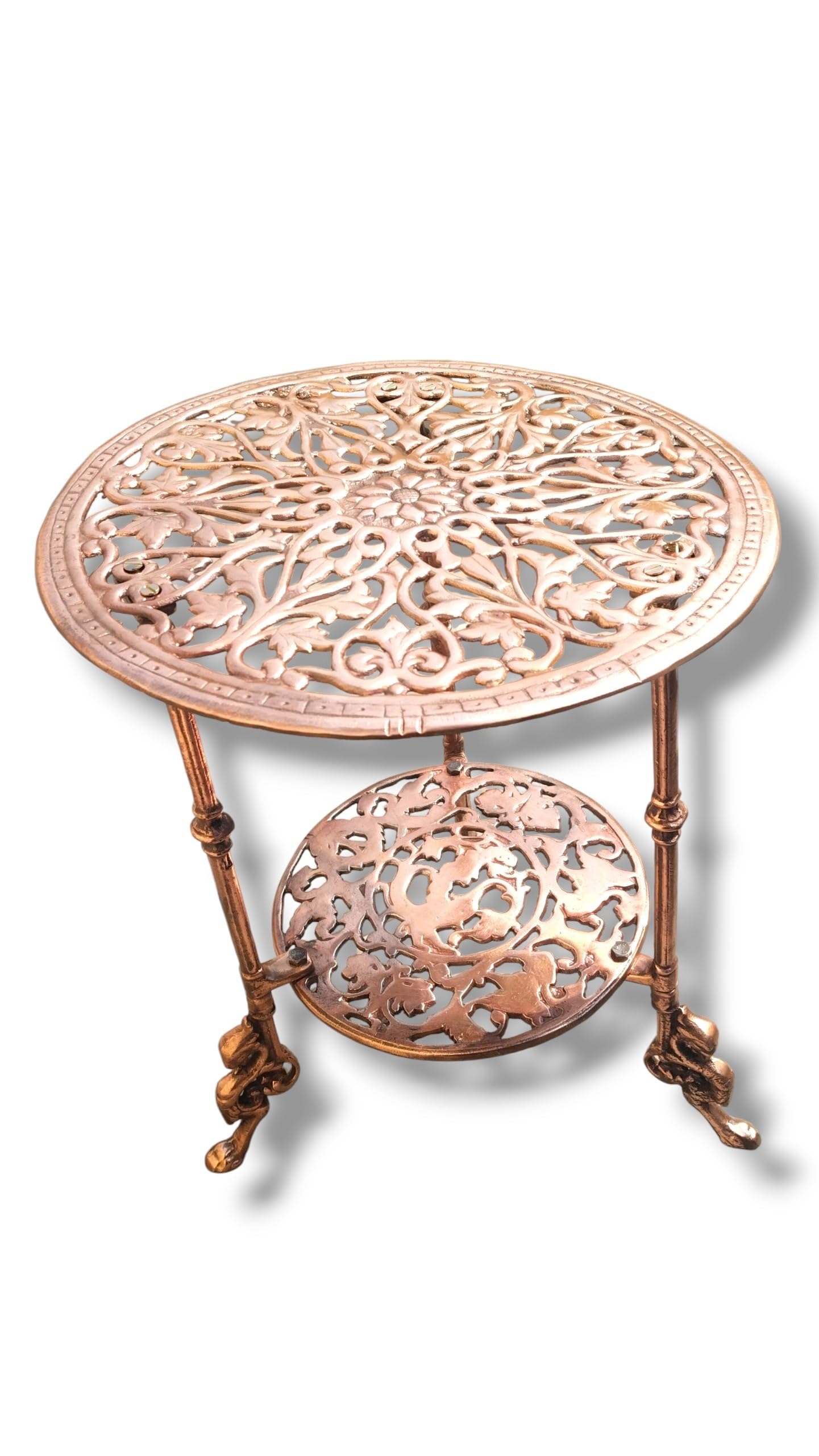 Round Cast Iron Side Table, Copper Finish, Ornate Floral Filigree Design, Two-Tier, Victorian Style-image-1
