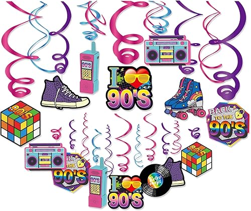 30 piezas de decoración de fiesta temática de los años 90, decoración colgante de remolino para fiestas de cumpleaños de los años 90, decoración