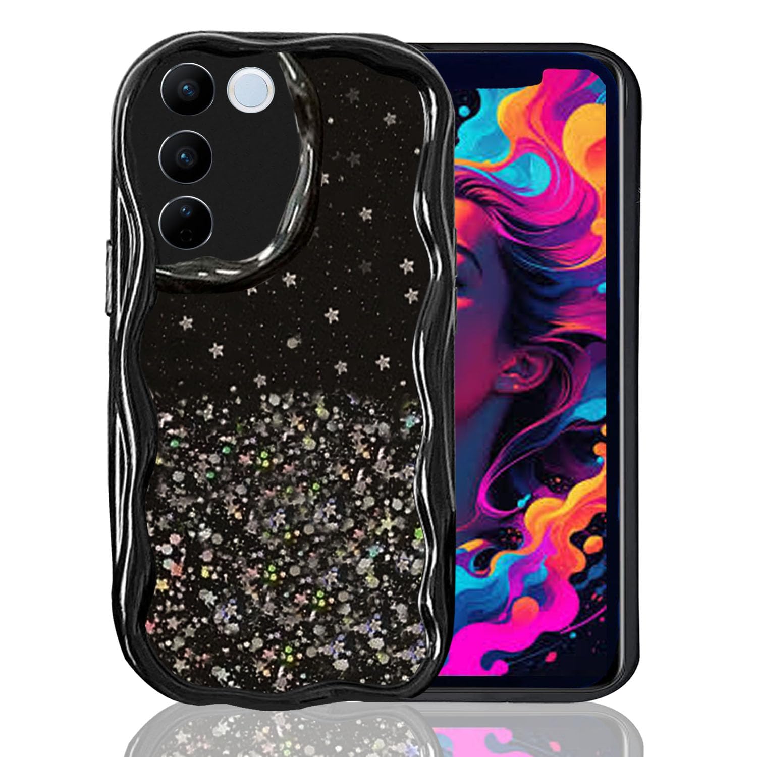 KC Back Cover for Vivo V27 5G & Vivo V27 Pro 5G - Non Moving Dry Fixed Glitter Curly Wave Shape Shockproof Bumper Soft Silicone Case with Camera Protection (Black) (B0CWYPG39S) Amazon Price History, Amazon Price Tracker