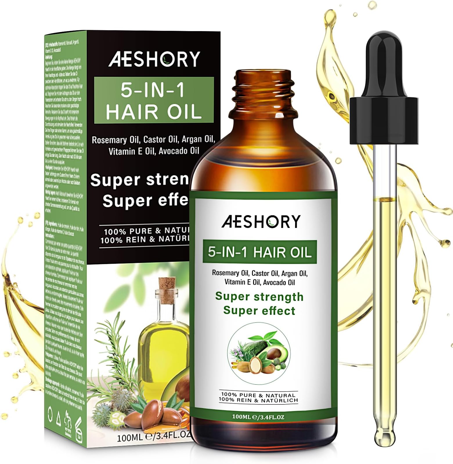Aeshory Hair Oil - 5 IN 1 Hair Care Oil with Rosemary, Castor, Argan, Vitamin E, and Avocado for Hair Growth and Strengthening - Nourishing and Volumizing 3.38 fl oz